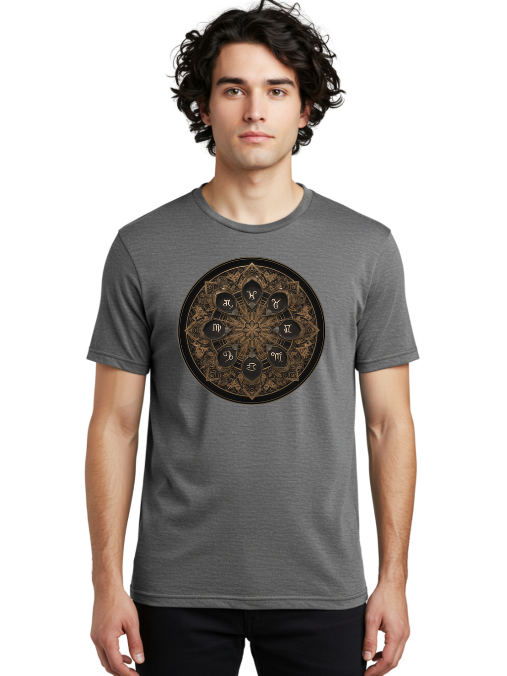 Zodiac-Signs-Mandala Men'S Graphic Tee, 100% Cotton, Comfortable Casual Summer Wear, Machine Washable, Zodiac Signs, Astrology Symbols, Mandala Art, Mystical Design, Spiritual Themes, Esoteric Patterns, Intricate Details, Bae341