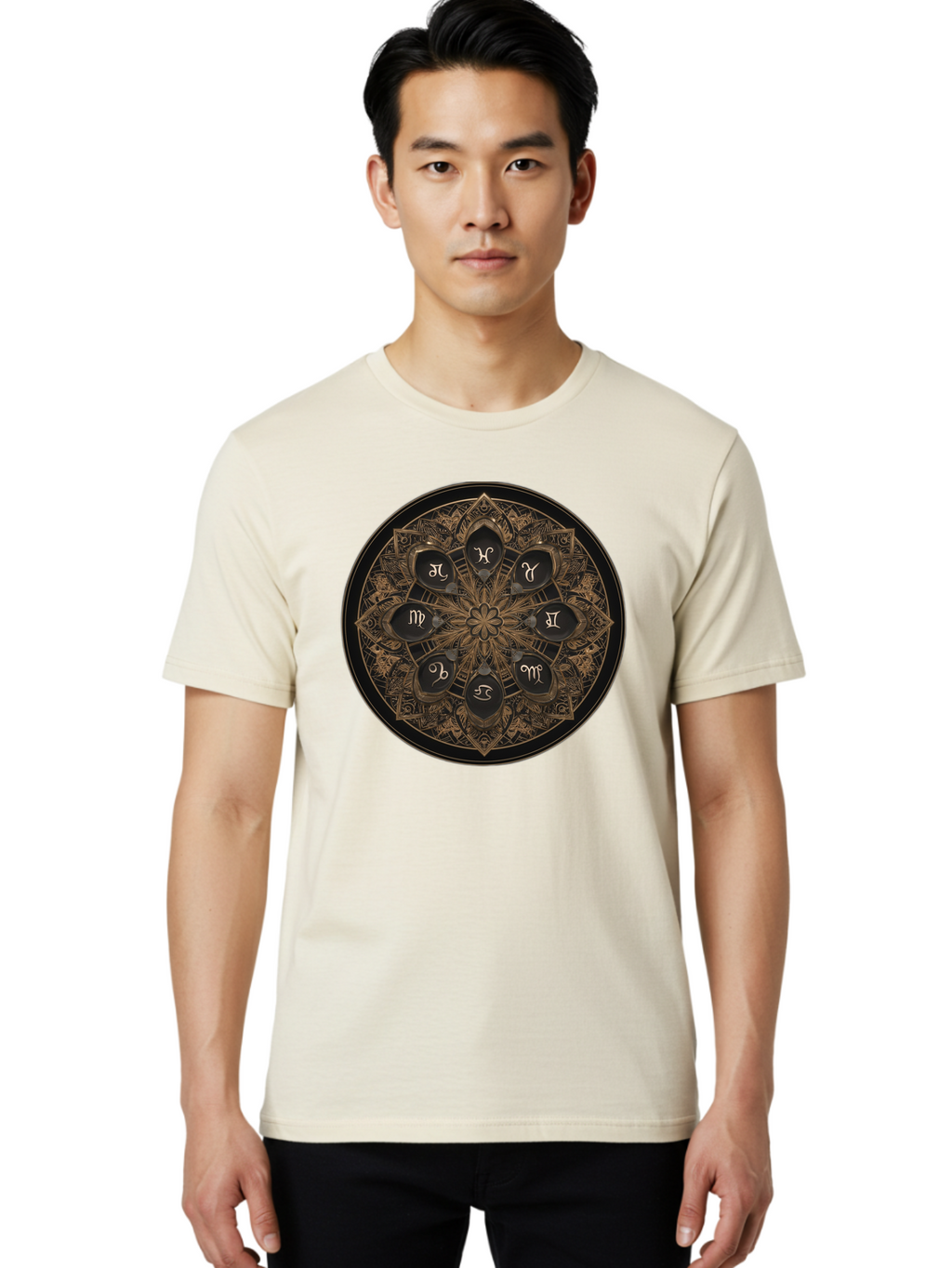 Zodiac-Signs-Mandala Men'S Graphic Tee, 100% Cotton, Comfortable Casual Summer Wear, Machine Washable, Zodiac Signs, Astrology Symbols, Mandala Art, Mystical Design, Spiritual Themes, Esoteric Patterns, Intricate Details, Bae341