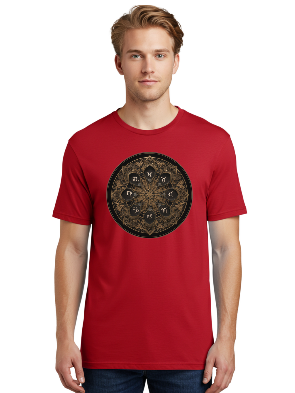 Zodiac-Signs-Mandala Men'S Graphic Tee, 100% Cotton, Comfortable Casual Summer Wear, Machine Washable, Zodiac Signs, Astrology Symbols, Mandala Art, Mystical Design, Spiritual Themes, Esoteric Patterns, Intricate Details, Bae341