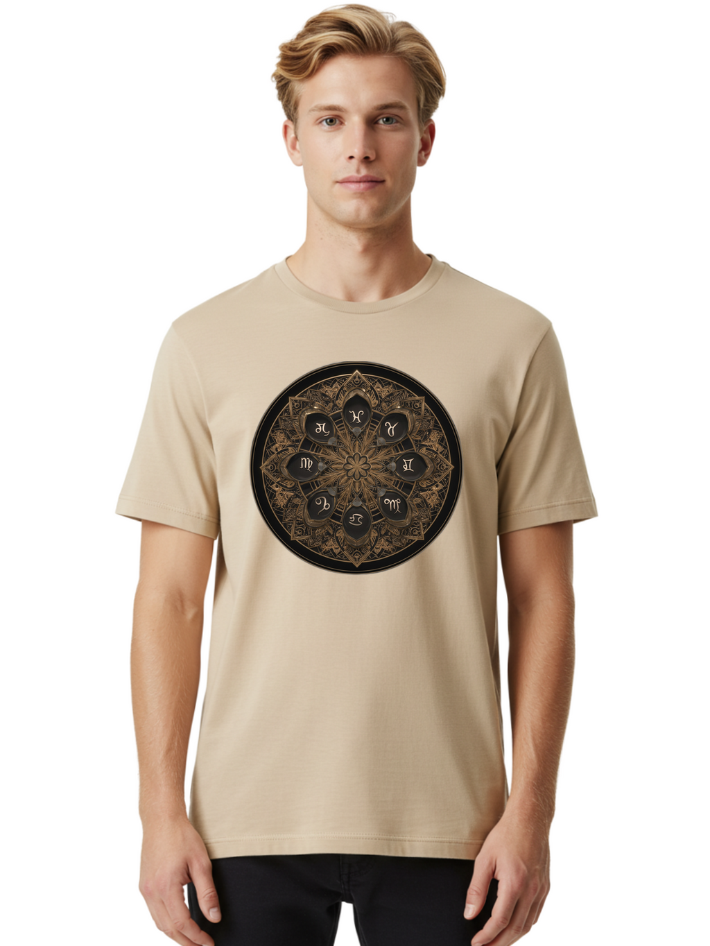 Zodiac-Signs-Mandala Men'S Graphic Tee, 100% Cotton, Comfortable Casual Summer Wear, Machine Washable, Zodiac Signs, Astrology Symbols, Mandala Art, Mystical Design, Spiritual Themes, Esoteric Patterns, Intricate Details, Bae341