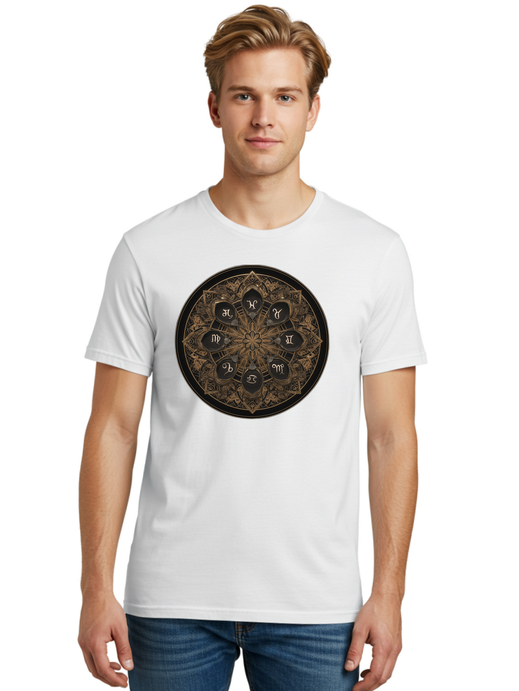Zodiac-Signs-Mandala Men'S Graphic Tee, 100% Cotton, Comfortable Casual Summer Wear, Machine Washable, Zodiac Signs, Astrology Symbols, Mandala Art, Mystical Design, Spiritual Themes, Esoteric Patterns, Intricate Details, Bae341