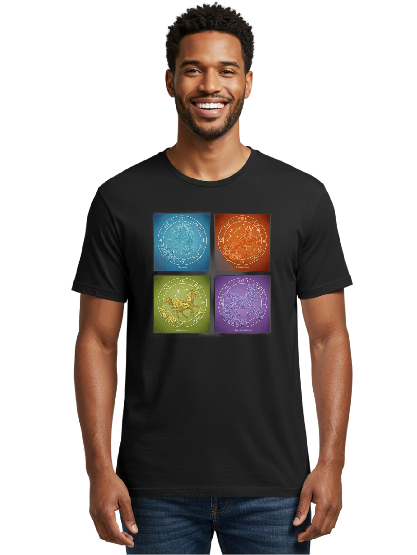 Zodiac-Signs Men'S Graphic Tee, 100% Cotton, Comfortable Casual Summer Wear, Machine Washable, Zodiac Signs, Astrological Elements, Fire, Earth, Air, Water, Horoscope Symbols, Celestial Bodies, Astrology Charts, Mystical Art Bae342