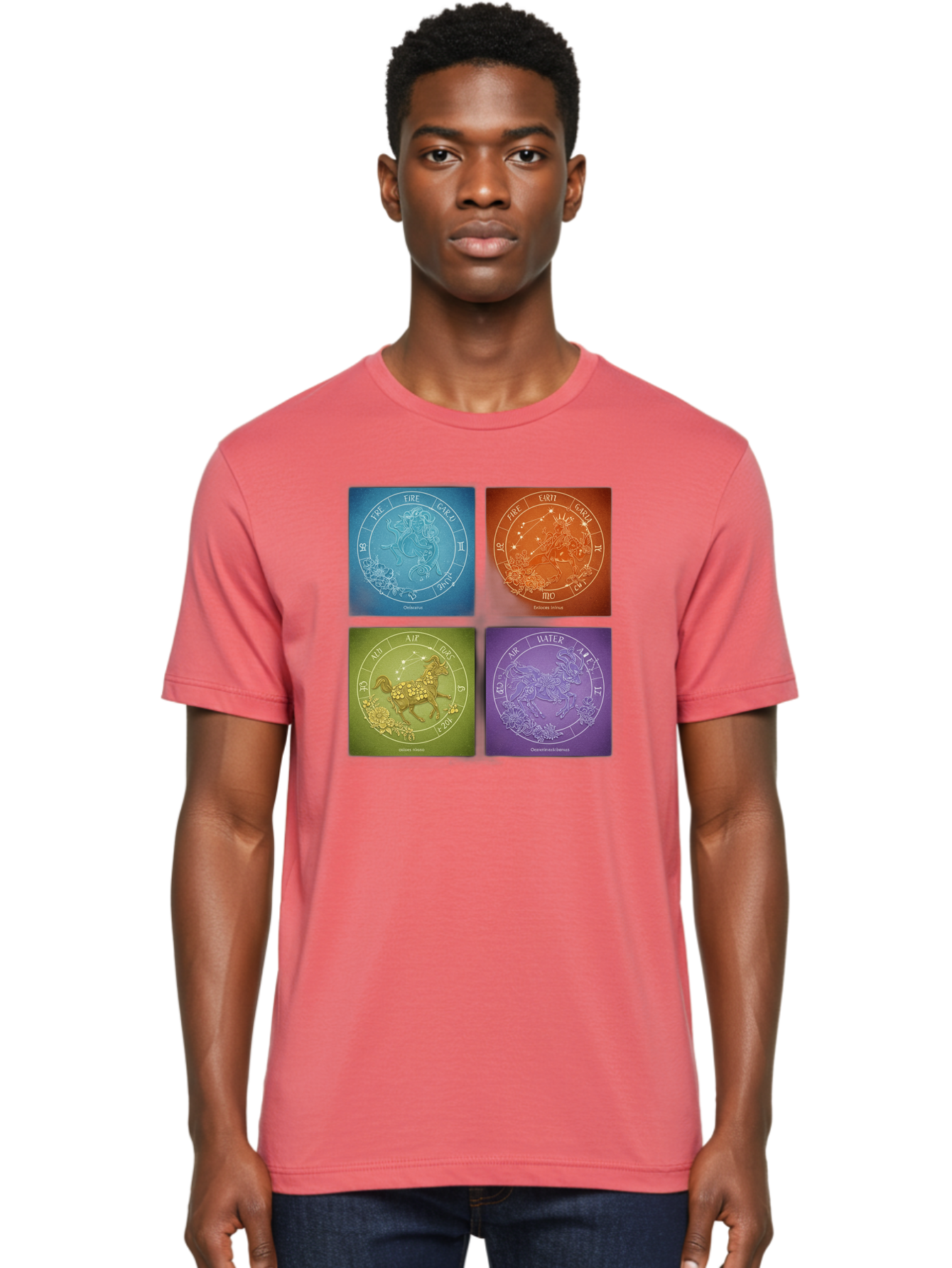 Zodiac-Signs Men'S Graphic Tee, 100% Cotton, Comfortable Casual Summer Wear, Machine Washable, Zodiac Signs, Astrological Elements, Fire, Earth, Air, Water, Horoscope Symbols, Celestial Bodies, Astrology Charts, Mystical Art Bae342