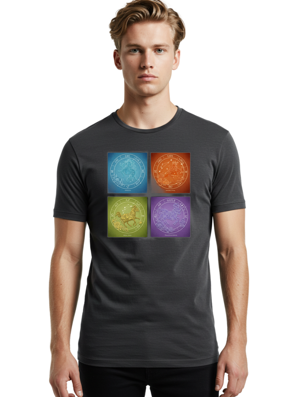 Zodiac-Signs Men'S Graphic Tee, 100% Cotton, Comfortable Casual Summer Wear, Machine Washable, Zodiac Signs, Astrological Elements, Fire, Earth, Air, Water, Horoscope Symbols, Celestial Bodies, Astrology Charts, Mystical Art Bae342