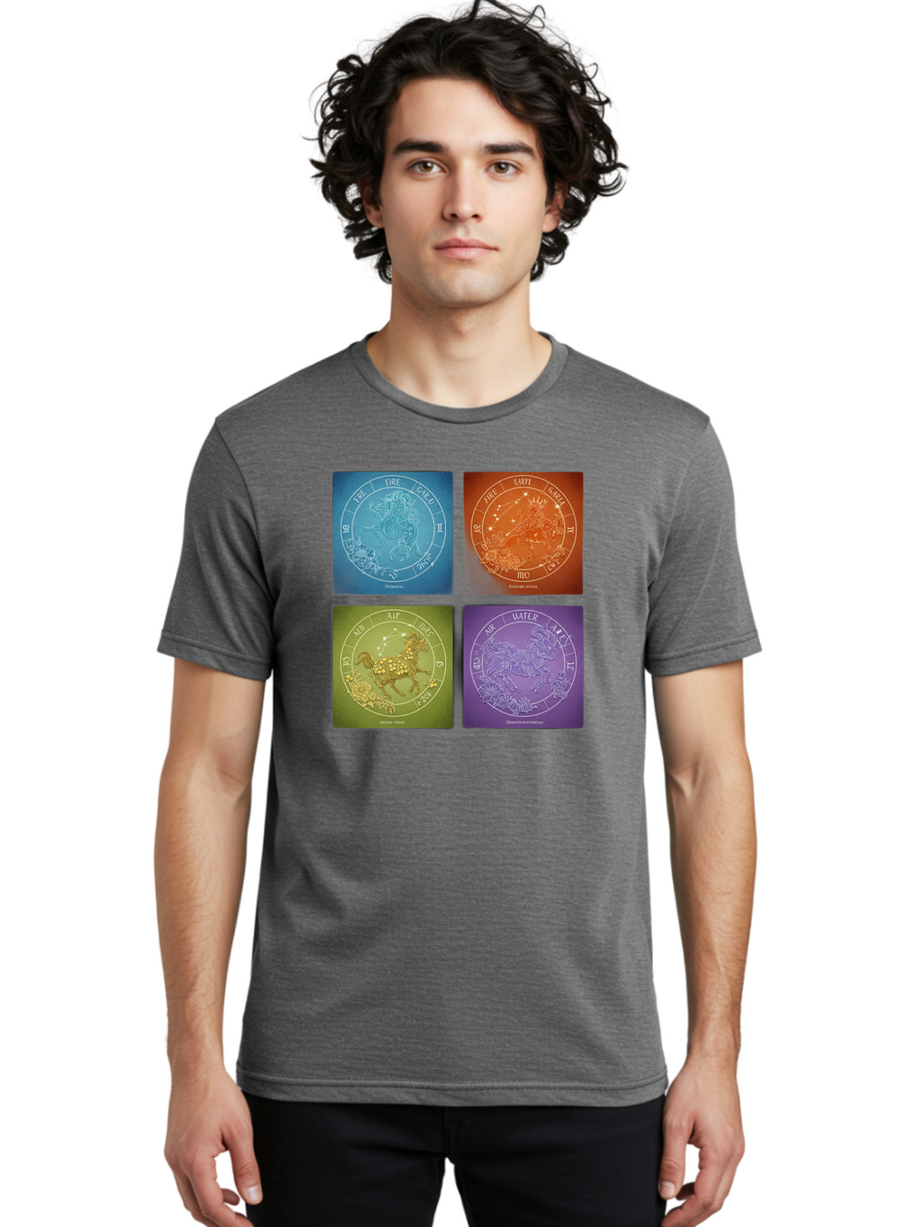Zodiac-Signs Men'S Graphic Tee, 100% Cotton, Comfortable Casual Summer Wear, Machine Washable, Zodiac Signs, Astrological Elements, Fire, Earth, Air, Water, Horoscope Symbols, Celestial Bodies, Astrology Charts, Mystical Art Bae342