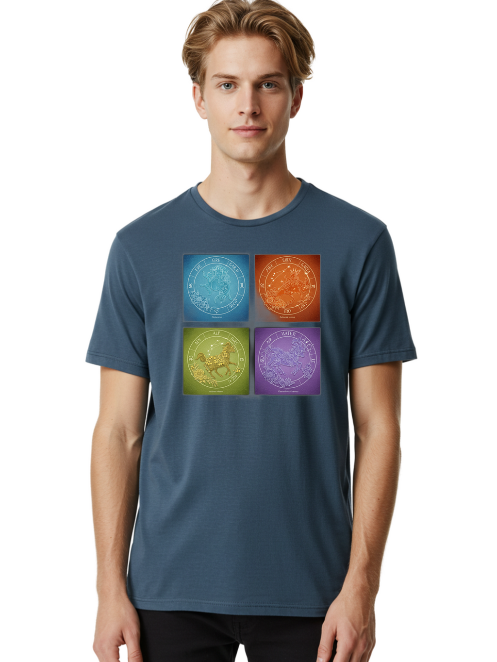 Zodiac-Signs Men'S Graphic Tee, 100% Cotton, Comfortable Casual Summer Wear, Machine Washable, Zodiac Signs, Astrological Elements, Fire, Earth, Air, Water, Horoscope Symbols, Celestial Bodies, Astrology Charts, Mystical Art Bae342