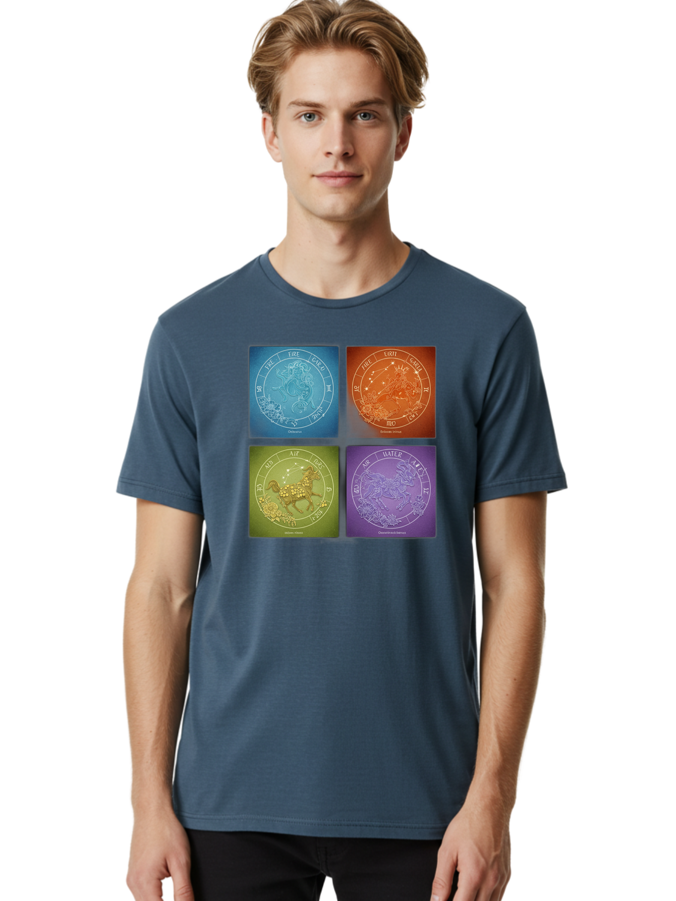 Zodiac-Signs Men'S Graphic Tee, 100% Cotton, Comfortable Casual Summer Wear, Machine Washable, Zodiac Signs, Astrological Elements, Fire, Earth, Air, Water, Horoscope Symbols, Celestial Bodies, Astrology Charts, Mystical Art Bae342