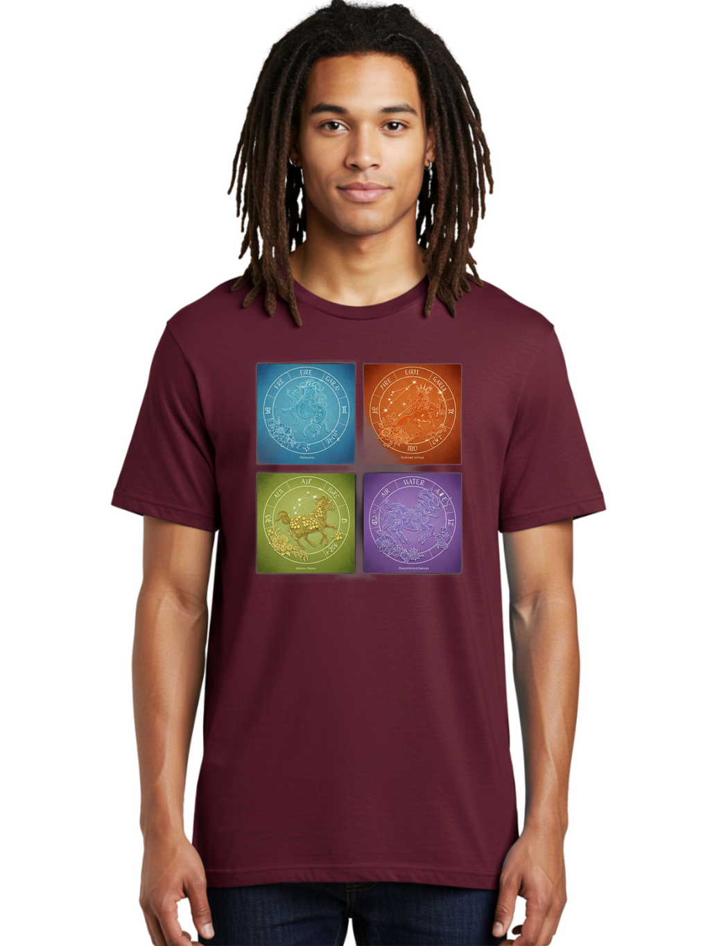 Zodiac-Signs Men'S Graphic Tee, 100% Cotton, Comfortable Casual Summer Wear, Machine Washable, Zodiac Signs, Astrological Elements, Fire, Earth, Air, Water, Horoscope Symbols, Celestial Bodies, Astrology Charts, Mystical Art Bae342