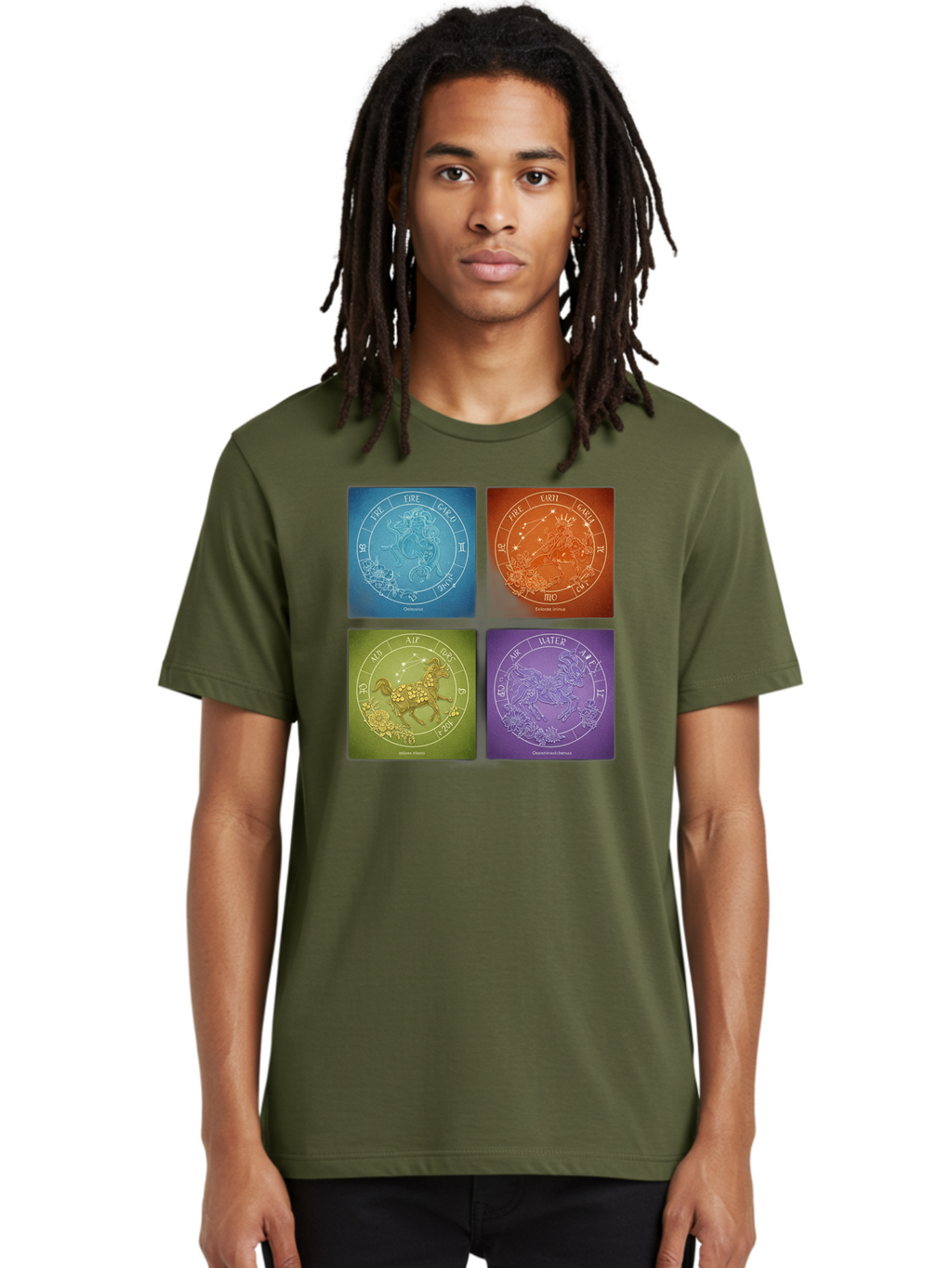 Zodiac-Signs Men'S Graphic Tee, 100% Cotton, Comfortable Casual Summer Wear, Machine Washable, Zodiac Signs, Astrological Elements, Fire, Earth, Air, Water, Horoscope Symbols, Celestial Bodies, Astrology Charts, Mystical Art Bae342