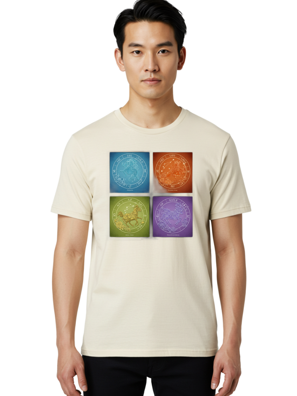 Zodiac-Signs Men'S Graphic Tee, 100% Cotton, Comfortable Casual Summer Wear, Machine Washable, Zodiac Signs, Astrological Elements, Fire, Earth, Air, Water, Horoscope Symbols, Celestial Bodies, Astrology Charts, Mystical Art Bae342