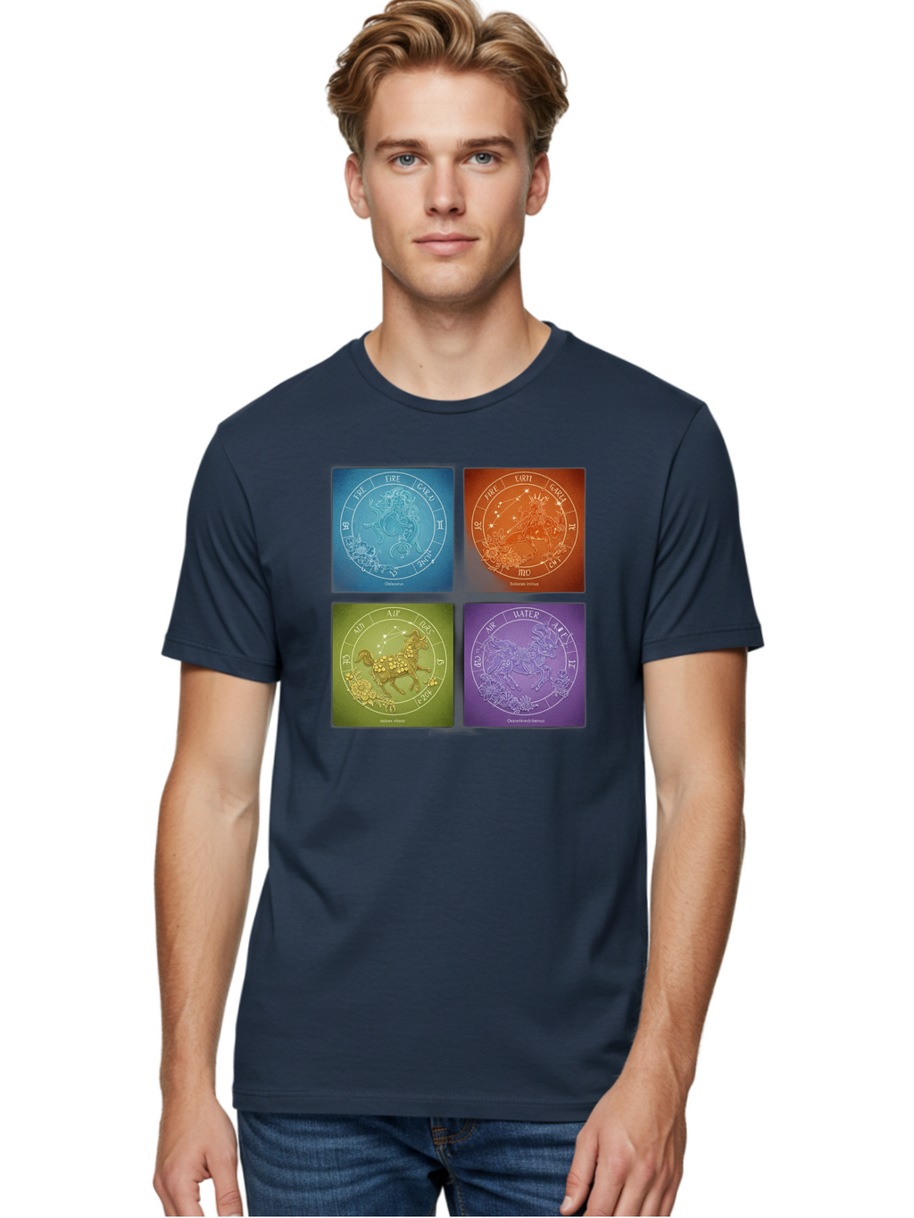 Zodiac-Signs Men'S Graphic Tee, 100% Cotton, Comfortable Casual Summer Wear, Machine Washable, Zodiac Signs, Astrological Elements, Fire, Earth, Air, Water, Horoscope Symbols, Celestial Bodies, Astrology Charts, Mystical Art Bae342