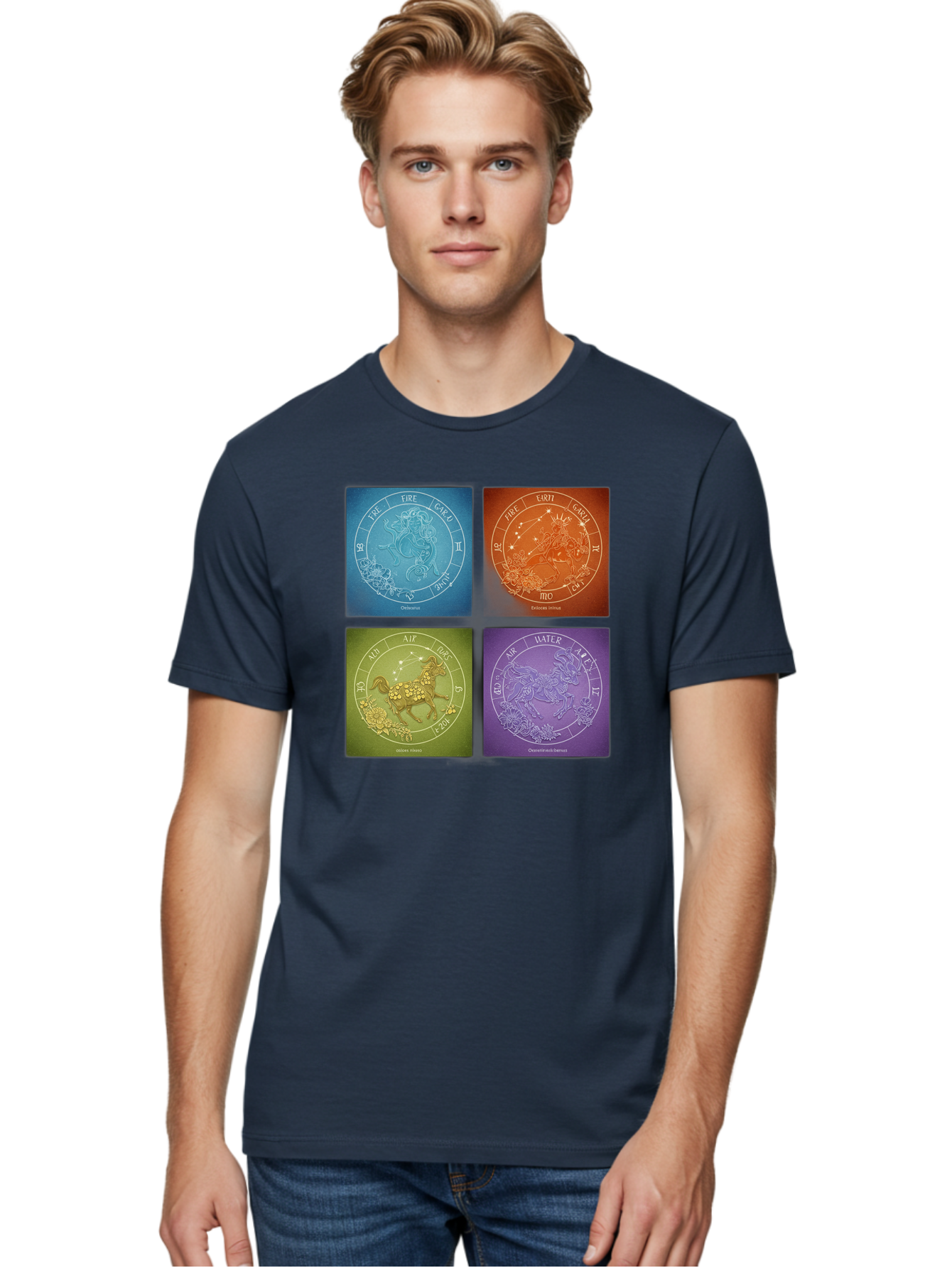Zodiac-Signs Men'S Graphic Tee, 100% Cotton, Comfortable Casual Summer Wear, Machine Washable, Zodiac Signs, Astrological Elements, Fire, Earth, Air, Water, Horoscope Symbols, Celestial Bodies, Astrology Charts, Mystical Art Bae342