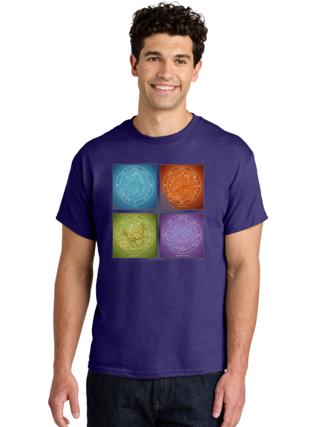 Zodiac-Signs Men'S Graphic Tee, 100% Cotton, Comfortable Casual Summer Wear, Machine Washable, Zodiac Signs, Astrological Elements, Fire, Earth, Air, Water, Horoscope Symbols, Celestial Bodies, Astrology Charts, Mystical Art Bae342