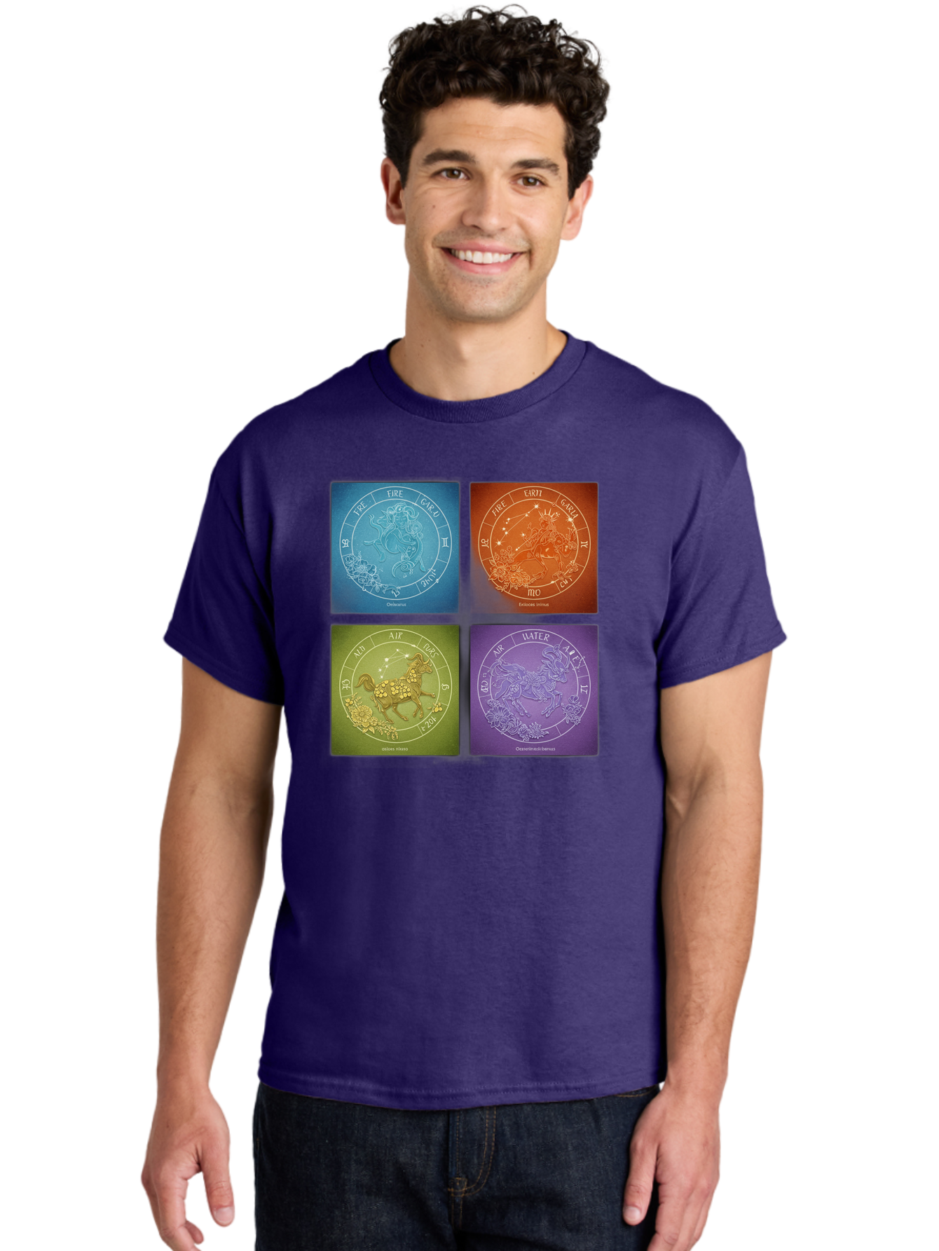 Zodiac-Signs Men'S Graphic Tee, 100% Cotton, Comfortable Casual Summer Wear, Machine Washable, Zodiac Signs, Astrological Elements, Fire, Earth, Air, Water, Horoscope Symbols, Celestial Bodies, Astrology Charts, Mystical Art Bae342