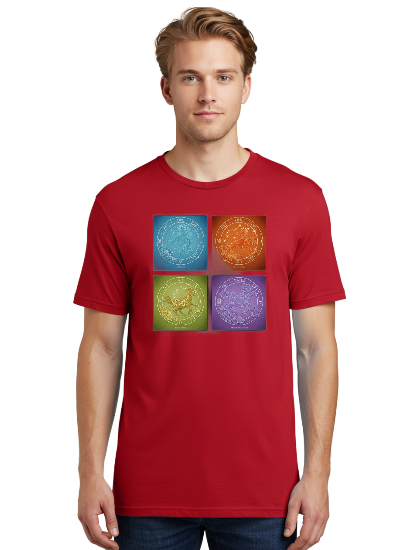 Zodiac-Signs Men'S Graphic Tee, 100% Cotton, Comfortable Casual Summer Wear, Machine Washable, Zodiac Signs, Astrological Elements, Fire, Earth, Air, Water, Horoscope Symbols, Celestial Bodies, Astrology Charts, Mystical Art Bae342