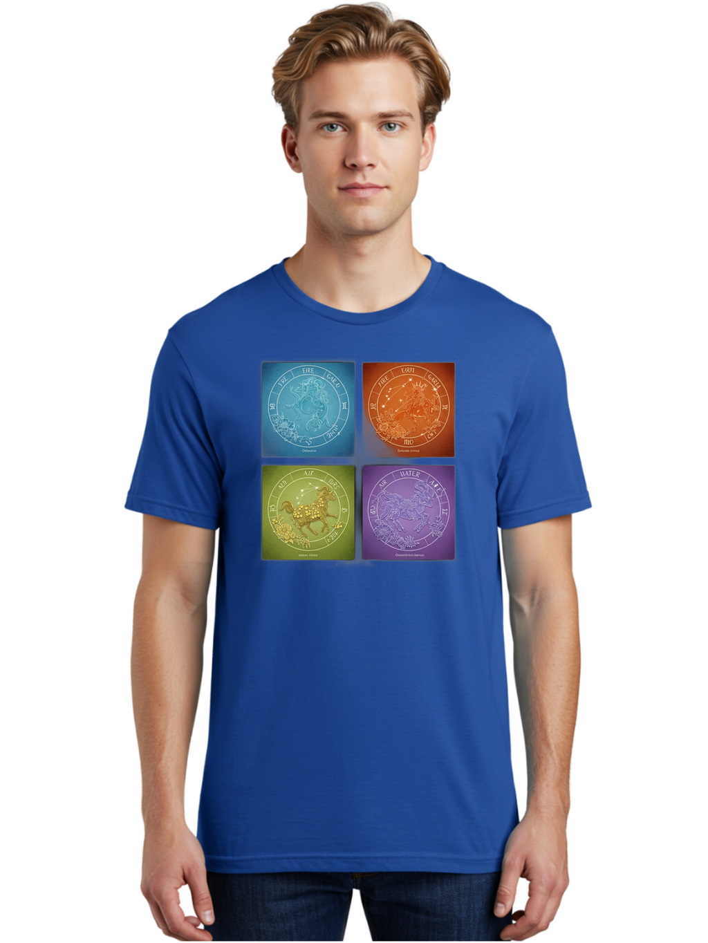 Zodiac-Signs Men'S Graphic Tee, 100% Cotton, Comfortable Casual Summer Wear, Machine Washable, Zodiac Signs, Astrological Elements, Fire, Earth, Air, Water, Horoscope Symbols, Celestial Bodies, Astrology Charts, Mystical Art Bae342