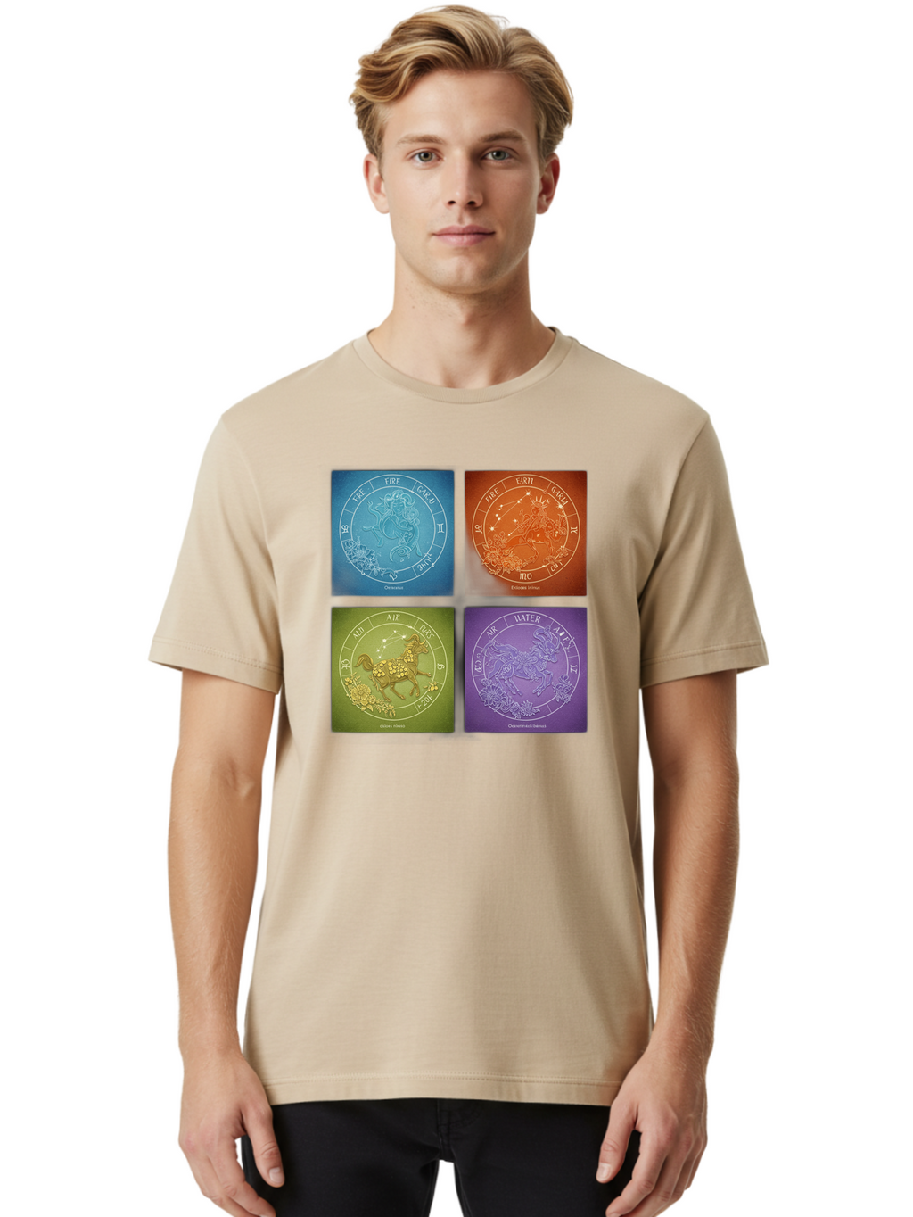 Zodiac-Signs Men'S Graphic Tee, 100% Cotton, Comfortable Casual Summer Wear, Machine Washable, Zodiac Signs, Astrological Elements, Fire, Earth, Air, Water, Horoscope Symbols, Celestial Bodies, Astrology Charts, Mystical Art Bae342