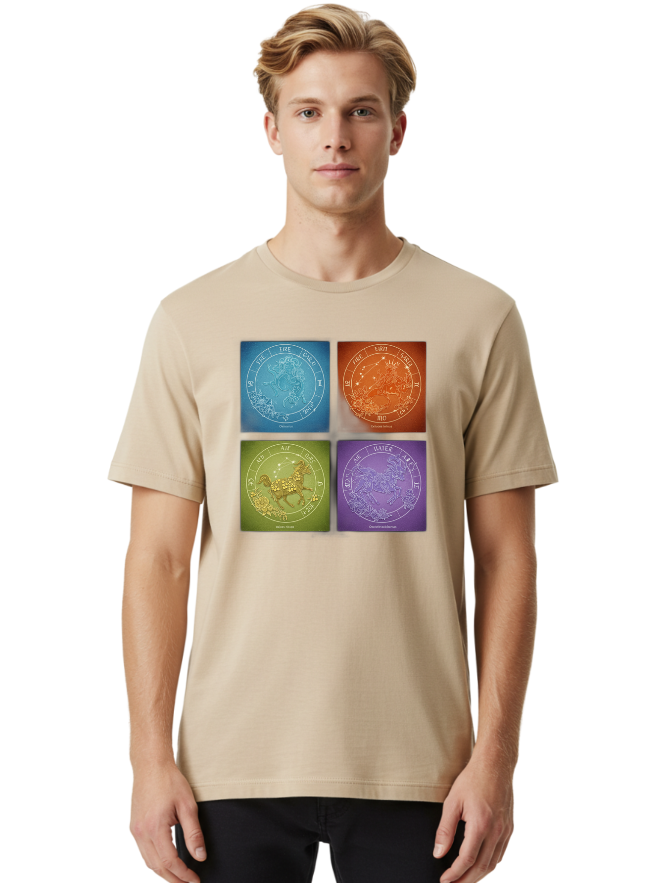 Zodiac-Signs Men'S Graphic Tee, 100% Cotton, Comfortable Casual Summer Wear, Machine Washable, Zodiac Signs, Astrological Elements, Fire, Earth, Air, Water, Horoscope Symbols, Celestial Bodies, Astrology Charts, Mystical Art Bae342