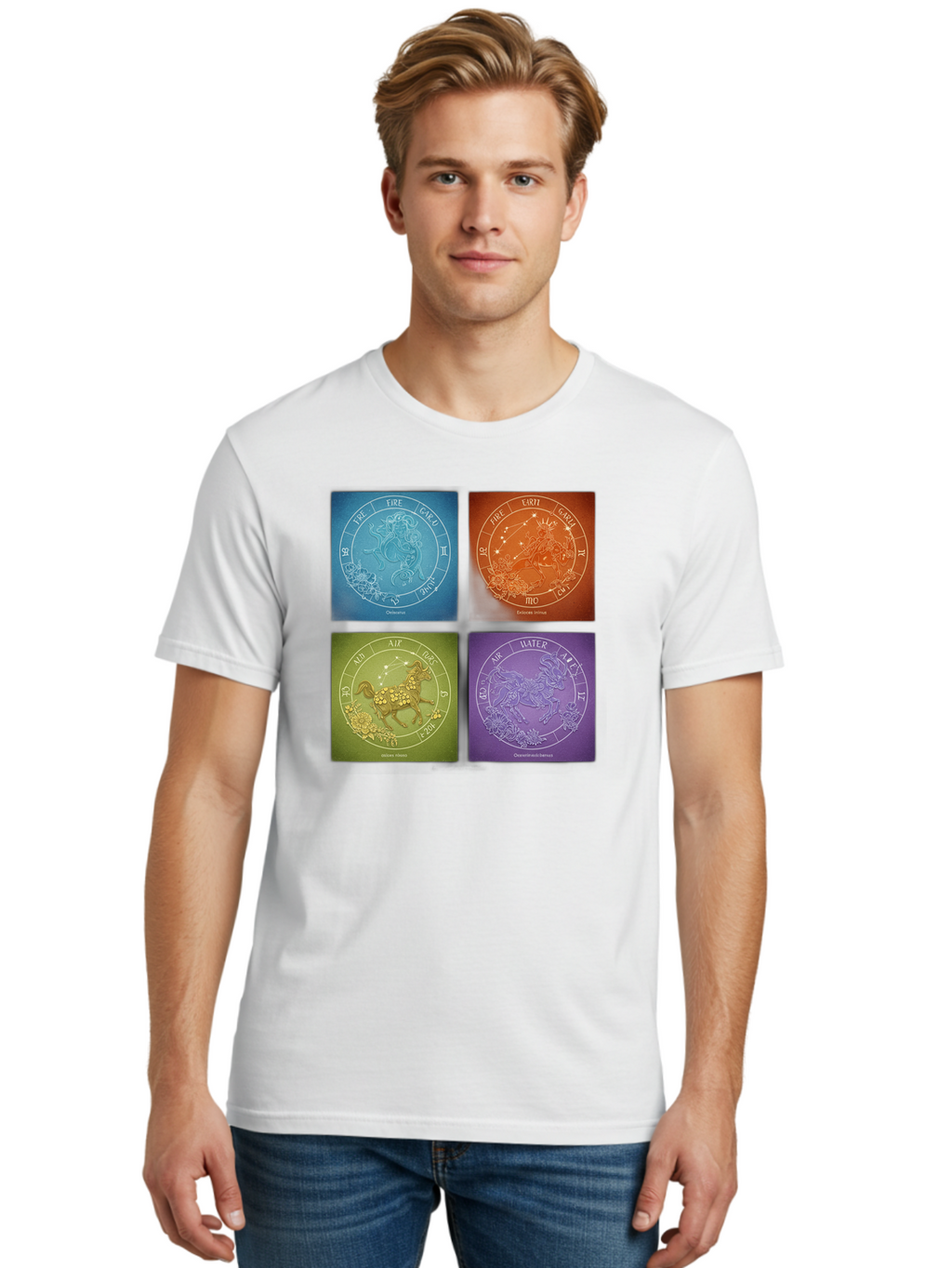 Zodiac-Signs Men'S Graphic Tee, 100% Cotton, Comfortable Casual Summer Wear, Machine Washable, Zodiac Signs, Astrological Elements, Fire, Earth, Air, Water, Horoscope Symbols, Celestial Bodies, Astrology Charts, Mystical Art Bae342
