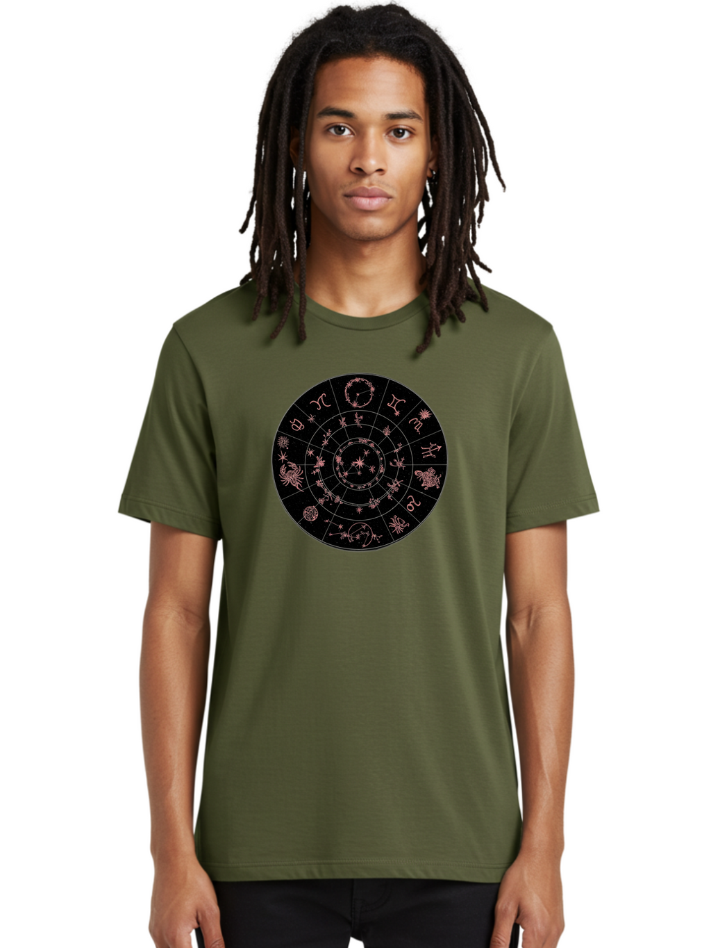 Zodiac-Wheel-1 Men'S Graphic Tee, 100% Cotton, Comfortable Casual Summer Wear, Machine Washable, Zodiac Signs, Astrology Chart, Mystical Symbols, Stars And Constellations, Horoscope Wheel, Spiritual Emblem, Celestial Map, Pink Illustrations Bae343