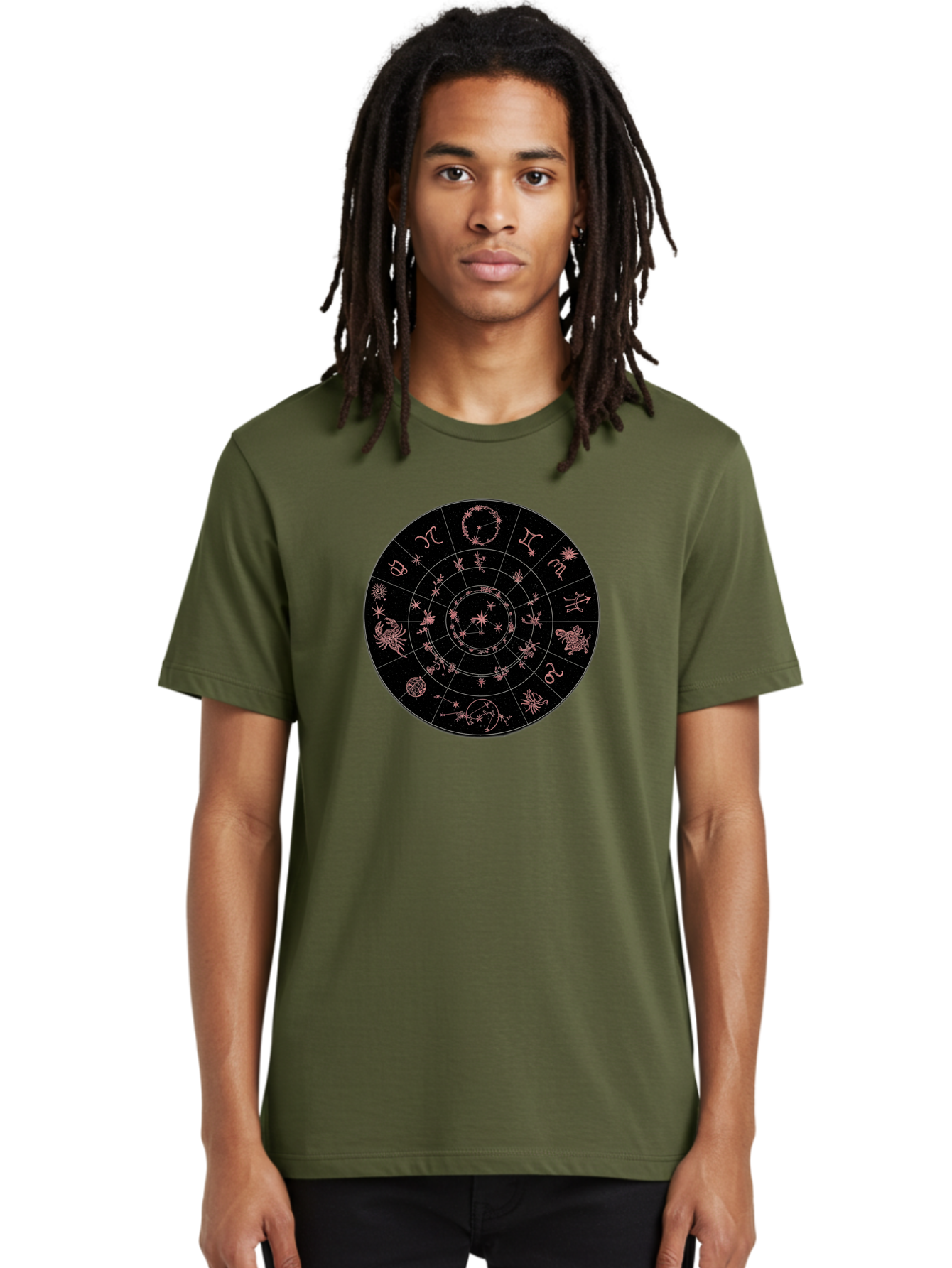 Zodiac-Wheel-1 Men'S Graphic Tee, 100% Cotton, Comfortable Casual Summer Wear, Machine Washable, Zodiac Signs, Astrology Chart, Mystical Symbols, Stars And Constellations, Horoscope Wheel, Spiritual Emblem, Celestial Map, Pink Illustrations Bae343