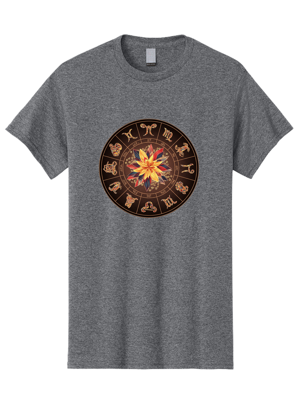 Zodiac-Wheel Men'S Graphic Tee, 100% Cotton, Comfortable Casual Summer Wear, Machine Washable, Zodiac Wheel, Astrology Symbols, Star Signs, Mystical Design, Colorful Flower, Gold Accents, Spiritual Significance, Celestial Body, Bae345