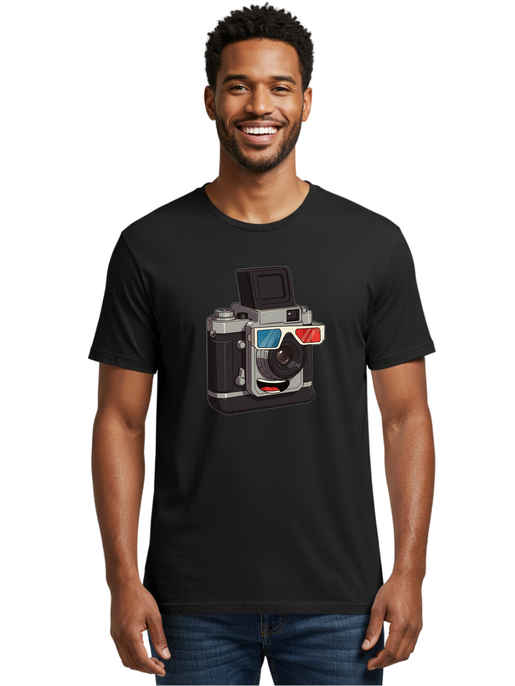 3D-Camera Men'S Graphic Tee, 100% Cotton, Comfortable Casual Summer Wear, Machine Washable, Vintage Camera, 3D Glasses, Retro Style, Cartoon Character, Photography Equipment, Nostalgic Feel, Funky Accessories, Camera Lens Bae347