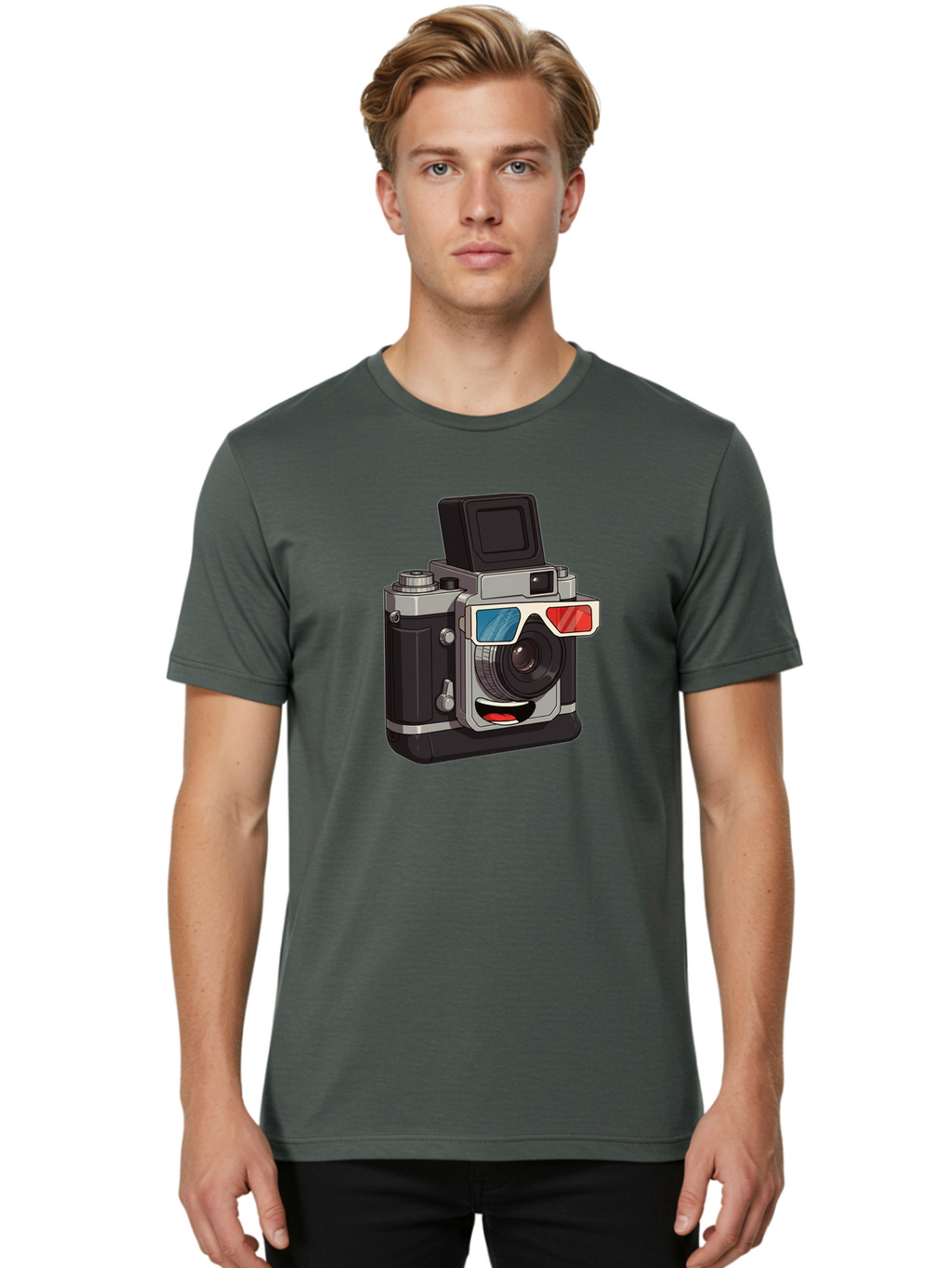 3D-Camera Men'S Graphic Tee, 100% Cotton, Comfortable Casual Summer Wear, Machine Washable, Vintage Camera, 3D Glasses, Retro Style, Cartoon Character, Photography Equipment, Nostalgic Feel, Funky Accessories, Camera Lens Bae347