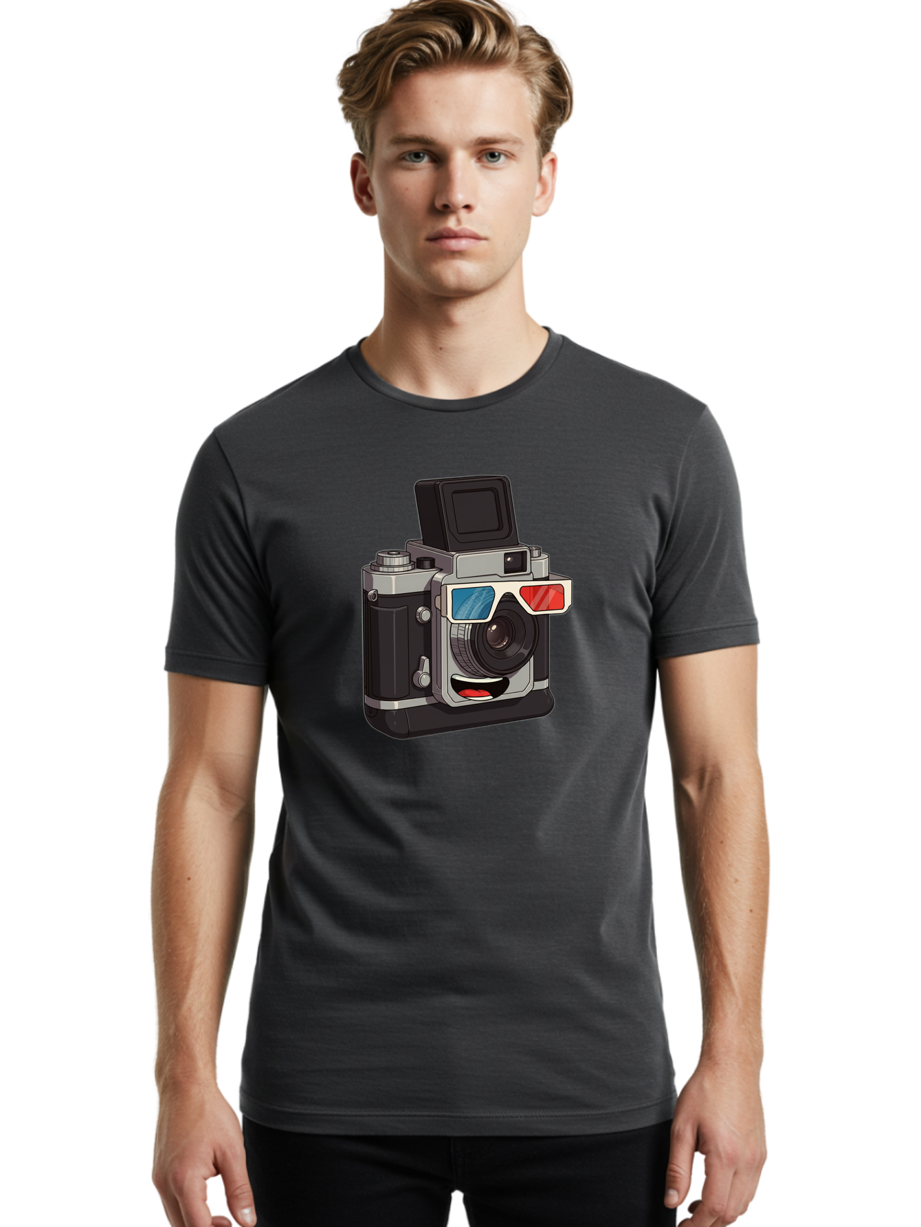 3D-Camera Men'S Graphic Tee, 100% Cotton, Comfortable Casual Summer Wear, Machine Washable, Vintage Camera, 3D Glasses, Retro Style, Cartoon Character, Photography Equipment, Nostalgic Feel, Funky Accessories, Camera Lens Bae347