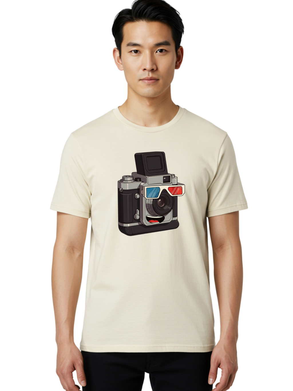 3D-Camera Men'S Graphic Tee, 100% Cotton, Comfortable Casual Summer Wear, Machine Washable, Vintage Camera, 3D Glasses, Retro Style, Cartoon Character, Photography Equipment, Nostalgic Feel, Funky Accessories, Camera Lens Bae347