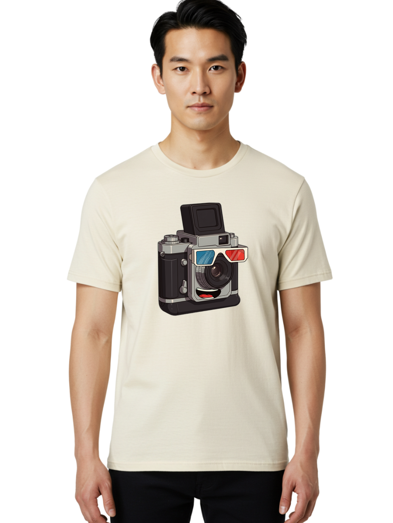 3D-Camera Men'S Graphic Tee, 100% Cotton, Comfortable Casual Summer Wear, Machine Washable, Vintage Camera, 3D Glasses, Retro Style, Cartoon Character, Photography Equipment, Nostalgic Feel, Funky Accessories, Camera Lens Bae347
