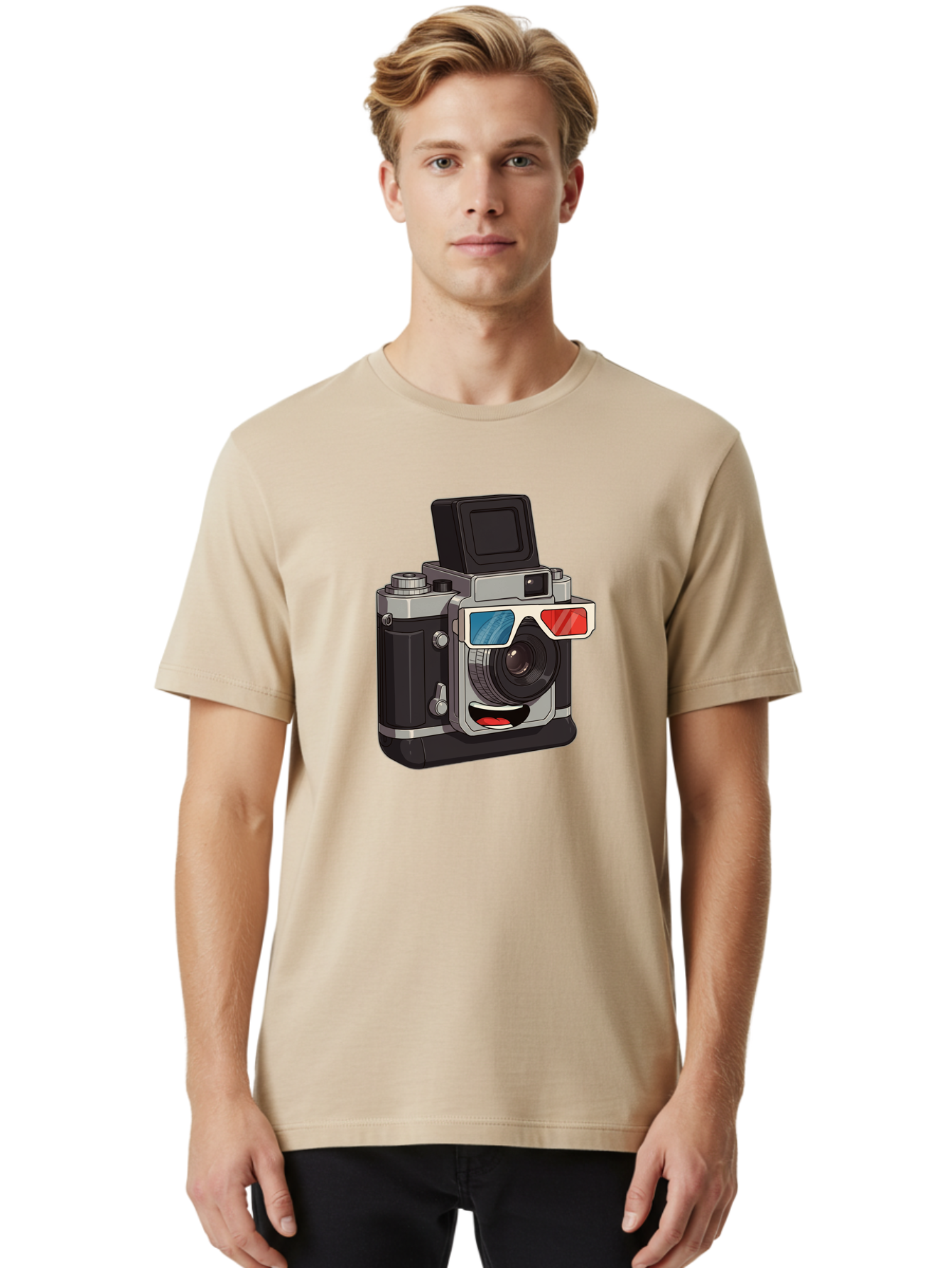 3D-Camera Men'S Graphic Tee, 100% Cotton, Comfortable Casual Summer Wear, Machine Washable, Vintage Camera, 3D Glasses, Retro Style, Cartoon Character, Photography Equipment, Nostalgic Feel, Funky Accessories, Camera Lens Bae347