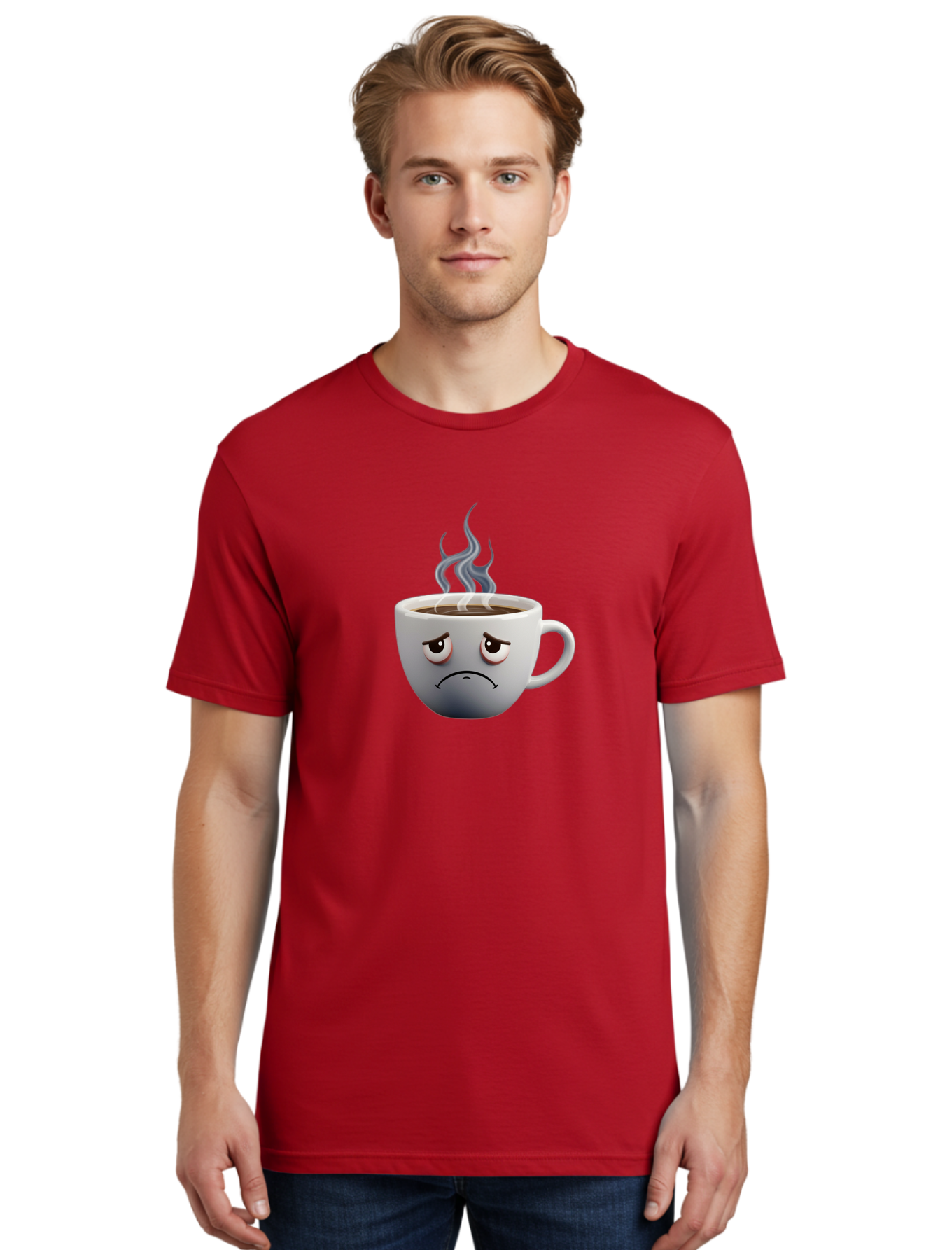 Angry-Coffee-Cup-2 Men'S Graphic Tee, 100% Cotton, Comfortable Casual Summer Wear, Machine Washable, Angry Coffee Cup, Sad Face, Steaming Coffee, Upset Emoji, Grumpy Character, Frowning Mug, Coffee Drama, Bitter Coffee Bae351