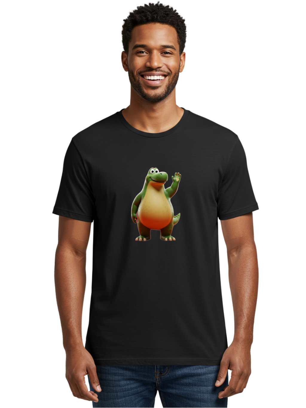 Arlo-1 Men'S Graphic Tee, 100% Cotton, Comfortable Casual Summer Wear, Machine Washable, Cartoon Dinosaur, Friendly Dinosaur, Green And Orange Dinosaur, Dinosaur Waving, Animated Character, Dinosaur Illustration, Children'S Character, Bae354