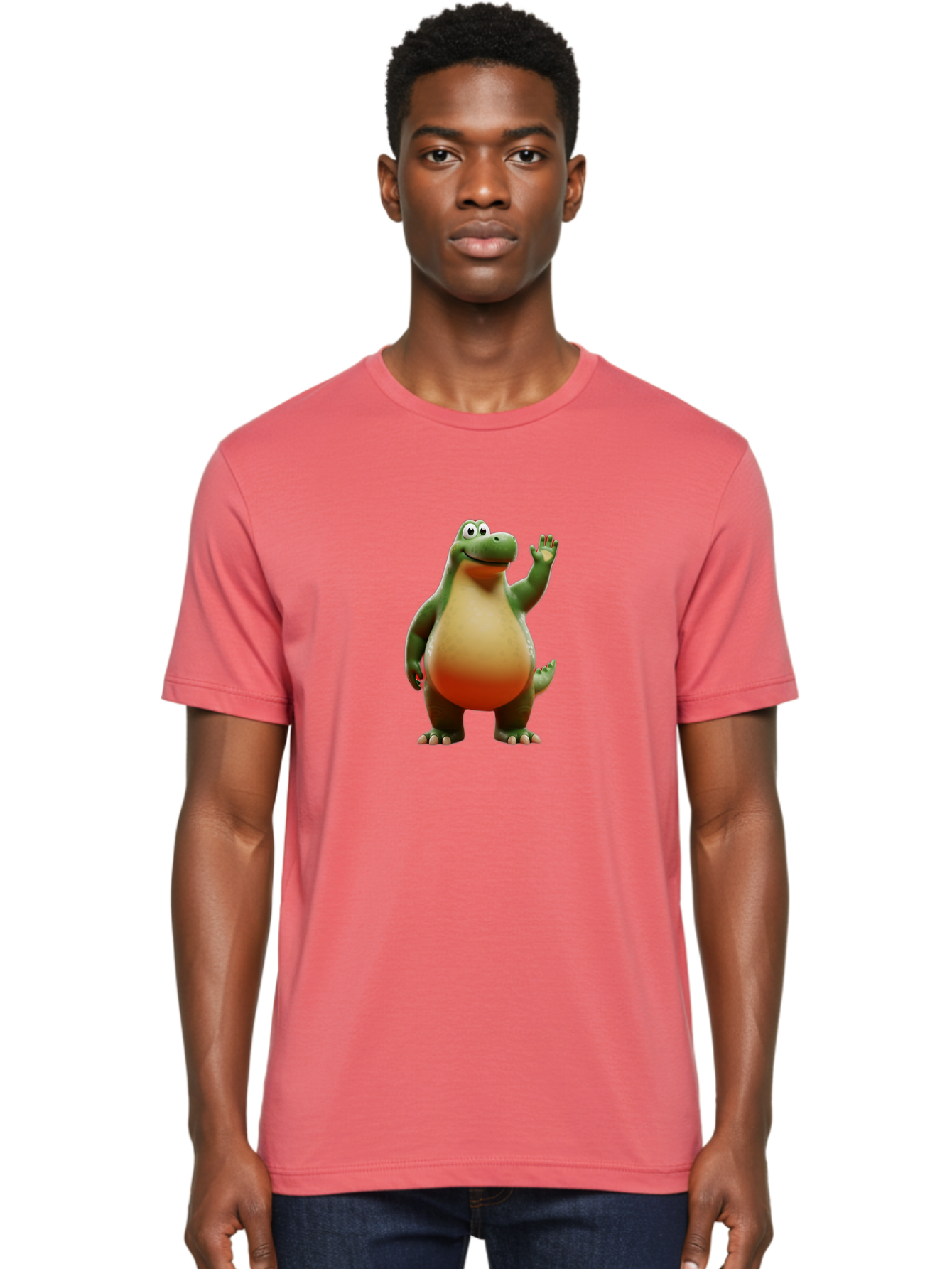 Arlo-1 Men'S Graphic Tee, 100% Cotton, Comfortable Casual Summer Wear, Machine Washable, Cartoon Dinosaur, Friendly Dinosaur, Green And Orange Dinosaur, Dinosaur Waving, Animated Character, Dinosaur Illustration, Children'S Character, Bae354