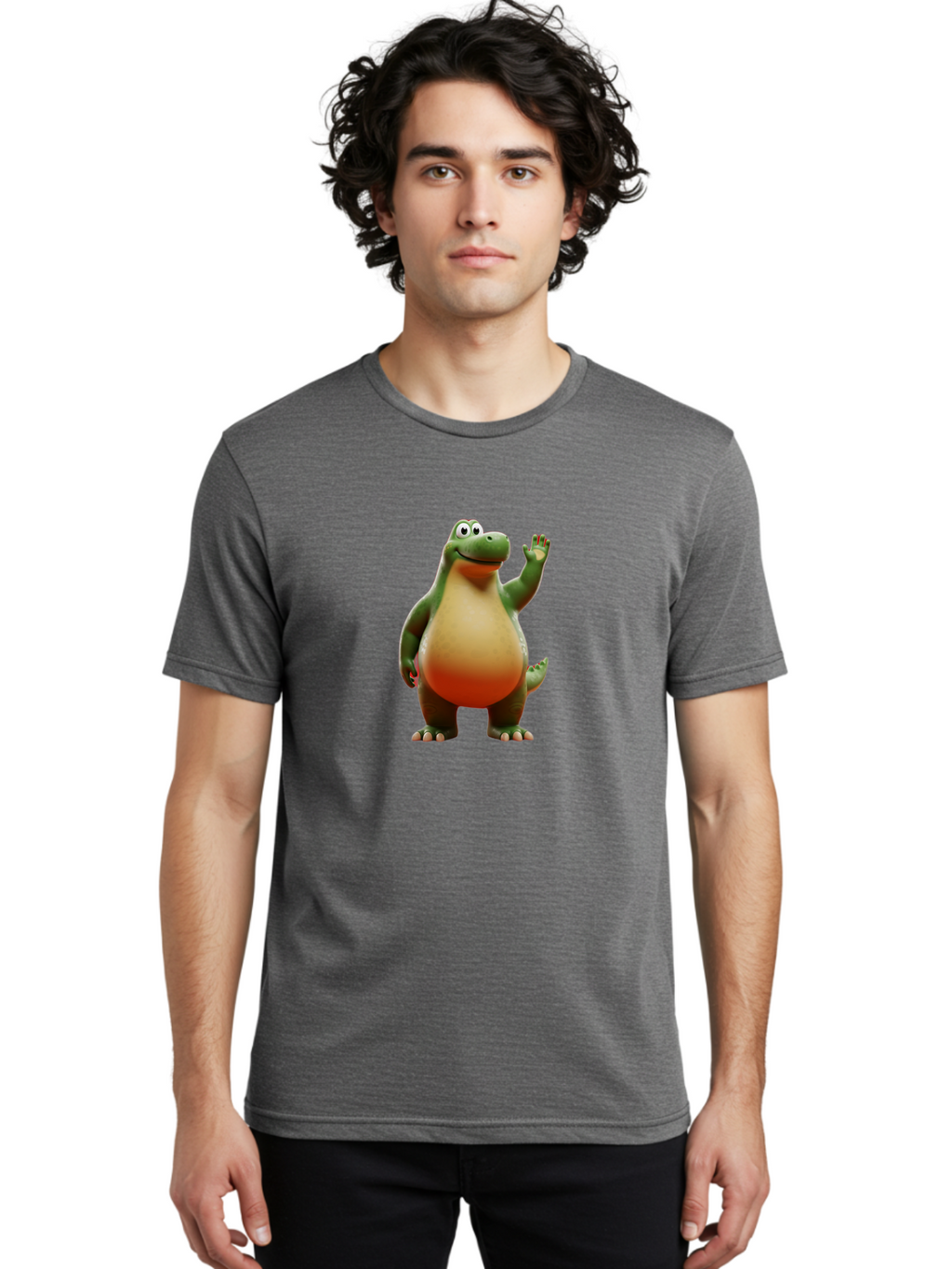 Arlo-1 Men'S Graphic Tee, 100% Cotton, Comfortable Casual Summer Wear, Machine Washable, Cartoon Dinosaur, Friendly Dinosaur, Green And Orange Dinosaur, Dinosaur Waving, Animated Character, Dinosaur Illustration, Children'S Character, Bae354