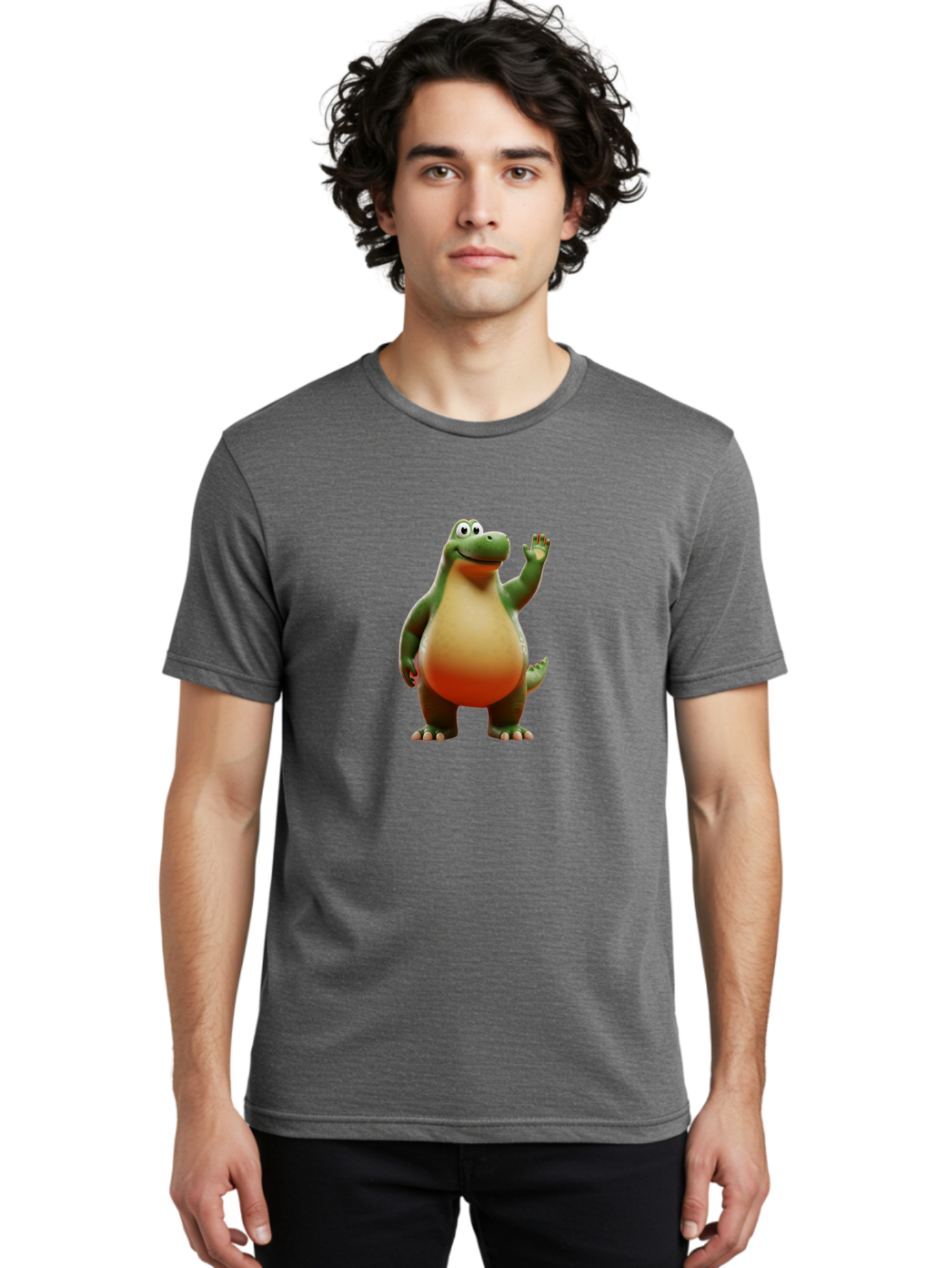 Arlo-1 Men'S Graphic Tee, 100% Cotton, Comfortable Casual Summer Wear, Machine Washable, Cartoon Dinosaur, Friendly Dinosaur, Green And Orange Dinosaur, Dinosaur Waving, Animated Character, Dinosaur Illustration, Children'S Character, Bae354