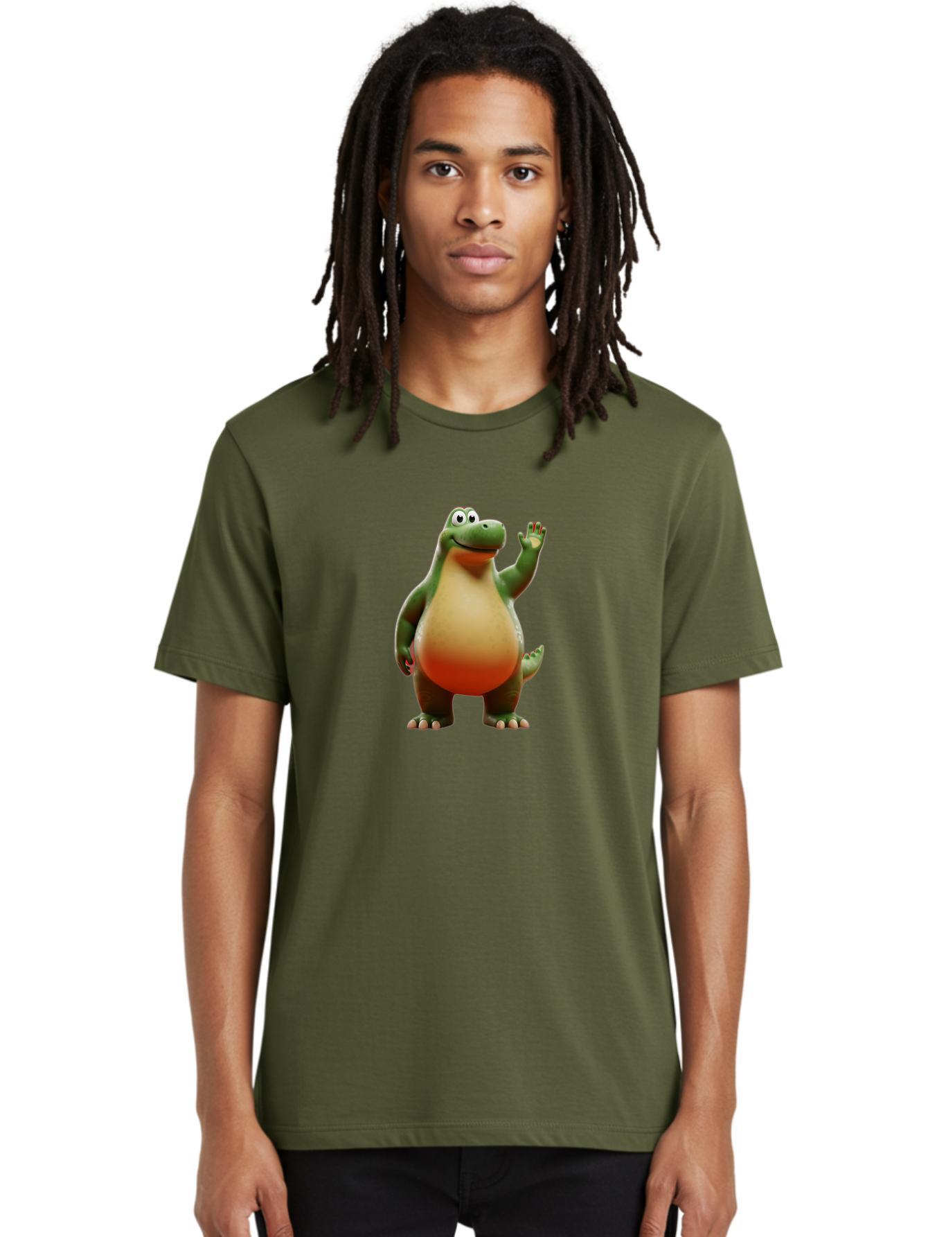 Arlo-1 Men'S Graphic Tee, 100% Cotton, Comfortable Casual Summer Wear, Machine Washable, Cartoon Dinosaur, Friendly Dinosaur, Green And Orange Dinosaur, Dinosaur Waving, Animated Character, Dinosaur Illustration, Children'S Character, Bae354