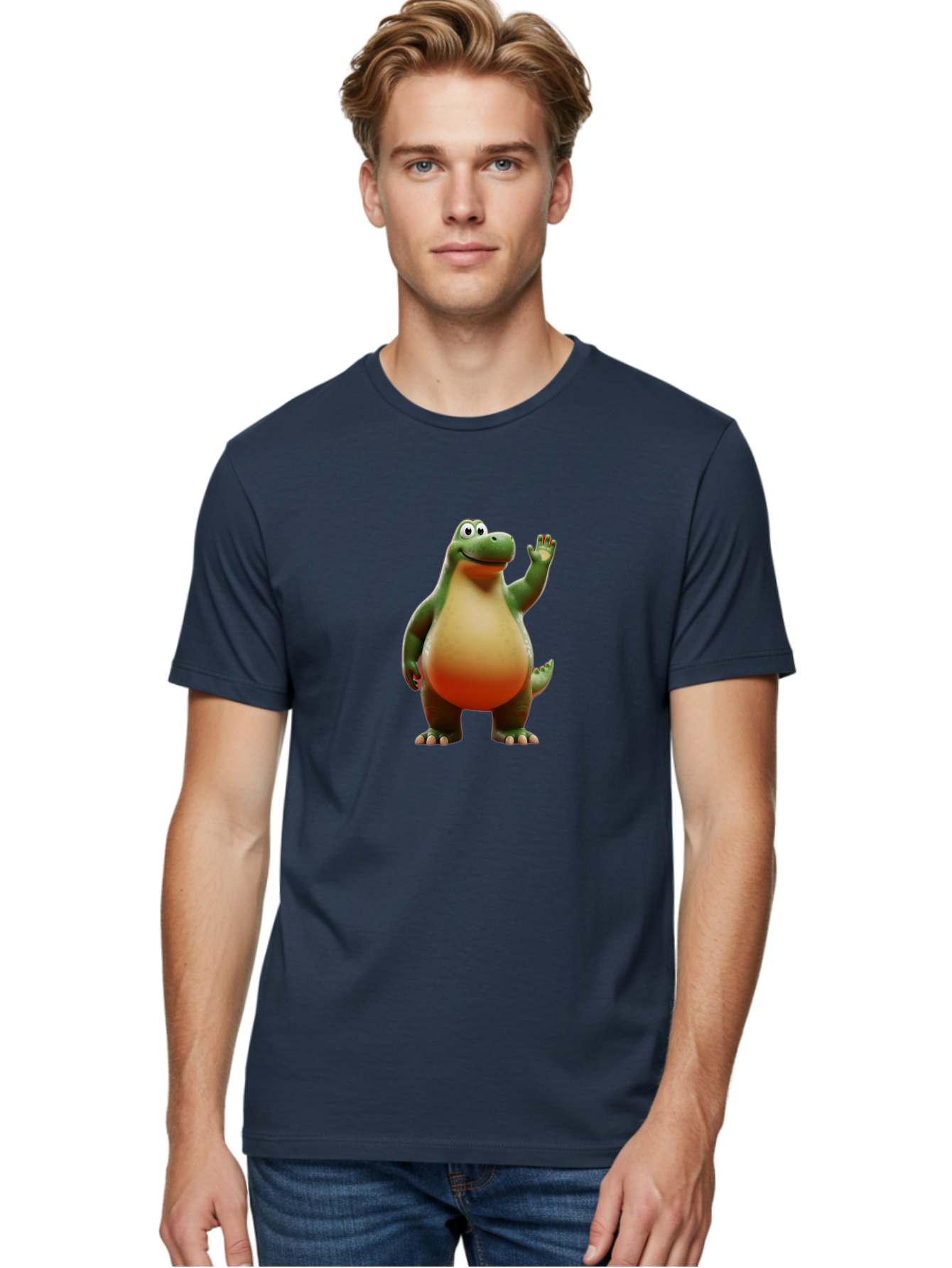 Arlo-1 Men'S Graphic Tee, 100% Cotton, Comfortable Casual Summer Wear, Machine Washable, Cartoon Dinosaur, Friendly Dinosaur, Green And Orange Dinosaur, Dinosaur Waving, Animated Character, Dinosaur Illustration, Children'S Character, Bae354