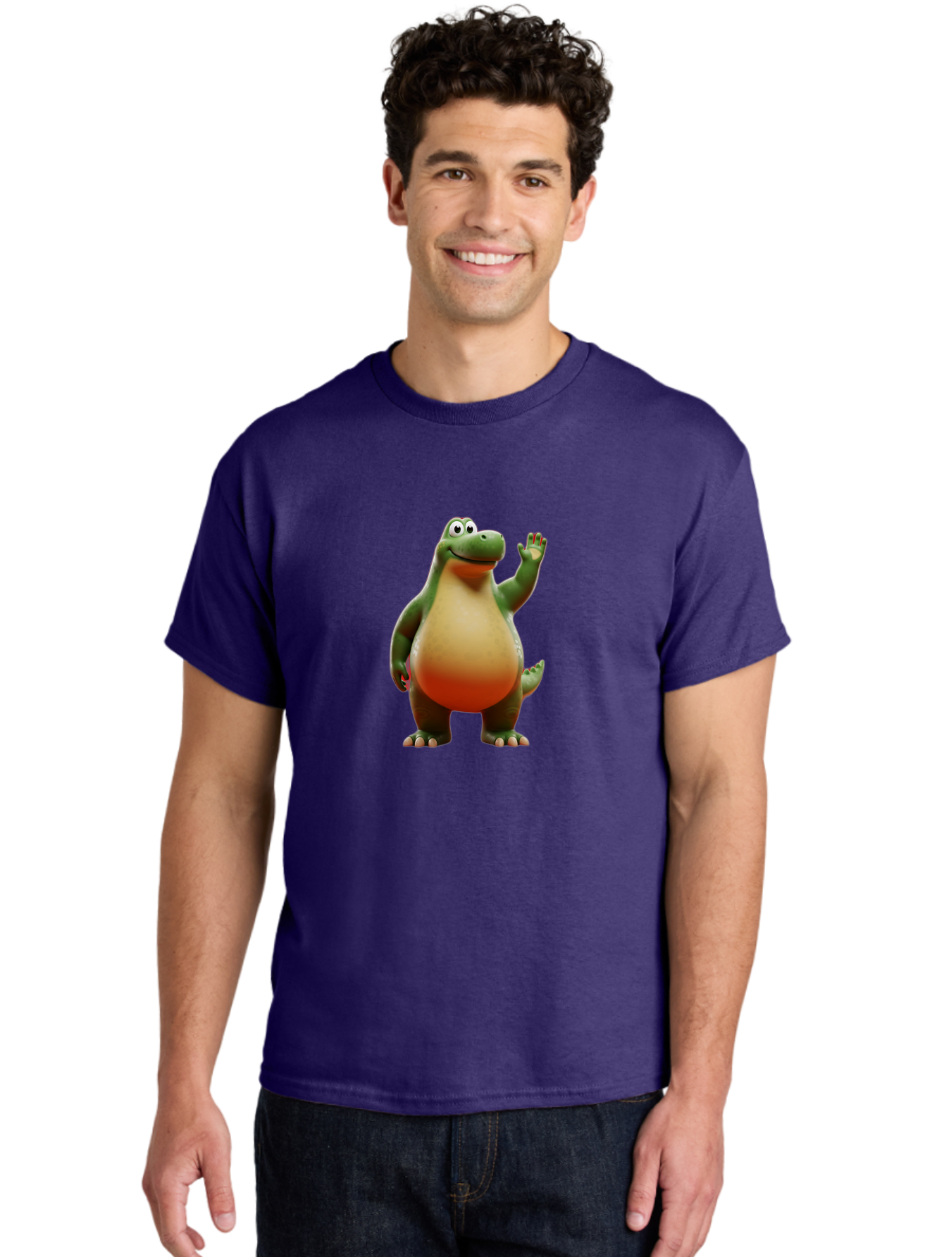 Arlo-1 Men'S Graphic Tee, 100% Cotton, Comfortable Casual Summer Wear, Machine Washable, Cartoon Dinosaur, Friendly Dinosaur, Green And Orange Dinosaur, Dinosaur Waving, Animated Character, Dinosaur Illustration, Children'S Character, Bae354