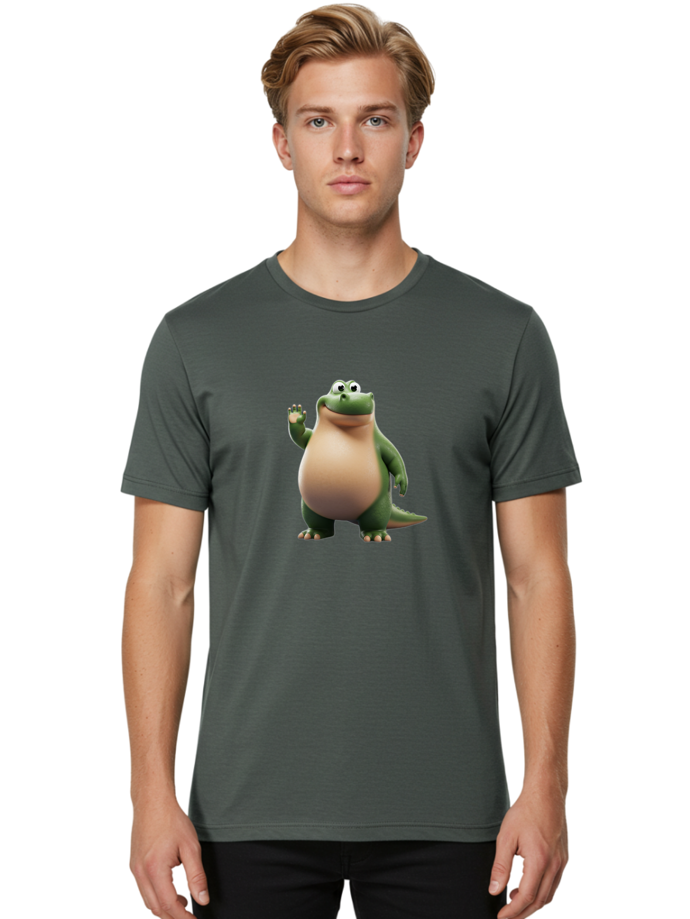 Arlo-2 Men'S Graphic Tee, 100% Cotton, Comfortable Casual Summer Wear, Machine Washable, Cartoon Dinosaur, Green And Tan Colors, Smiling Face, Waving Hand, Friendly Demeanor, Prehistoric Creature, Animated Character, Funny Pose Bae355