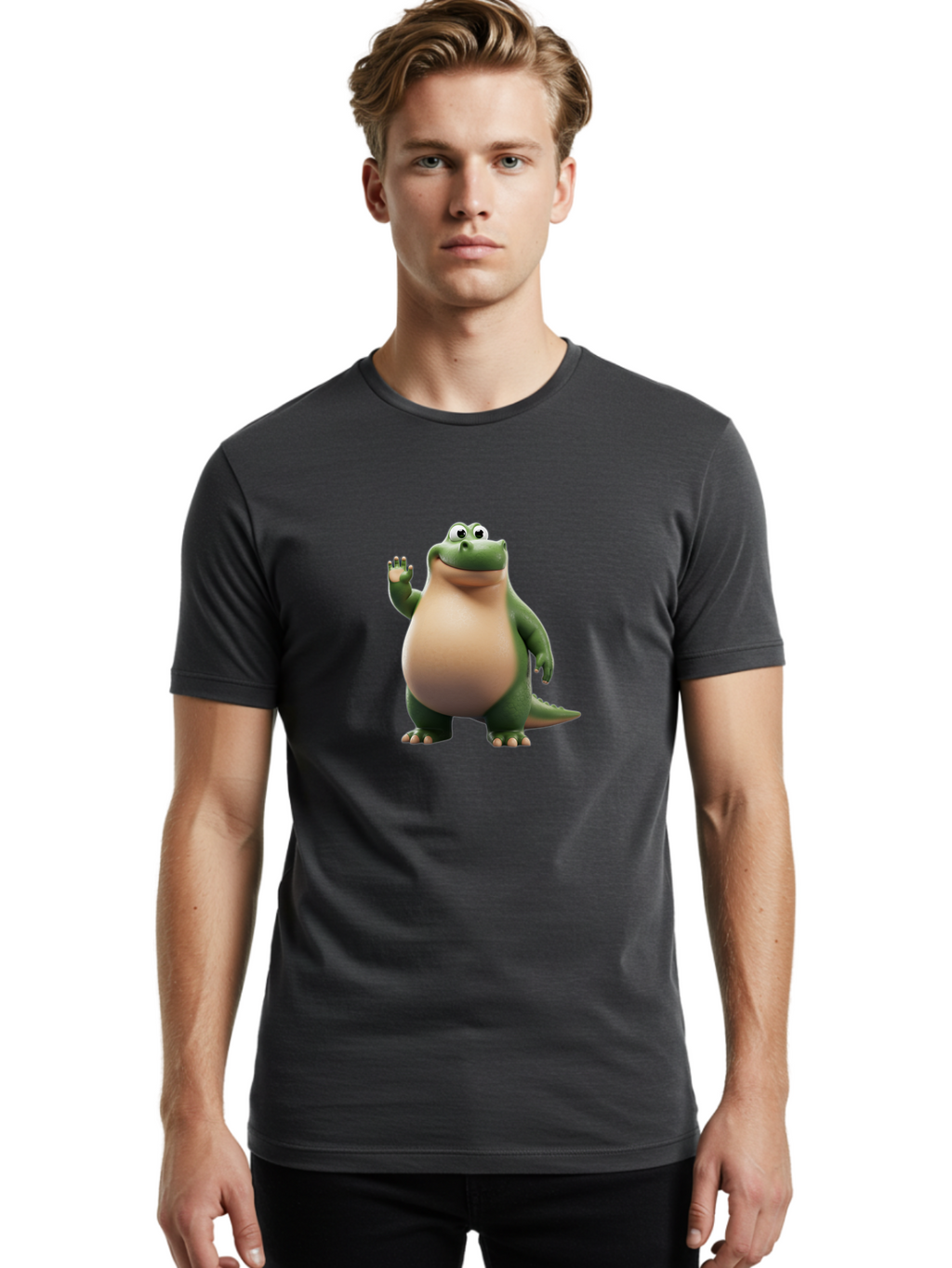 Arlo-2 Men'S Graphic Tee, 100% Cotton, Comfortable Casual Summer Wear, Machine Washable, Cartoon Dinosaur, Green And Tan Colors, Smiling Face, Waving Hand, Friendly Demeanor, Prehistoric Creature, Animated Character, Funny Pose Bae355