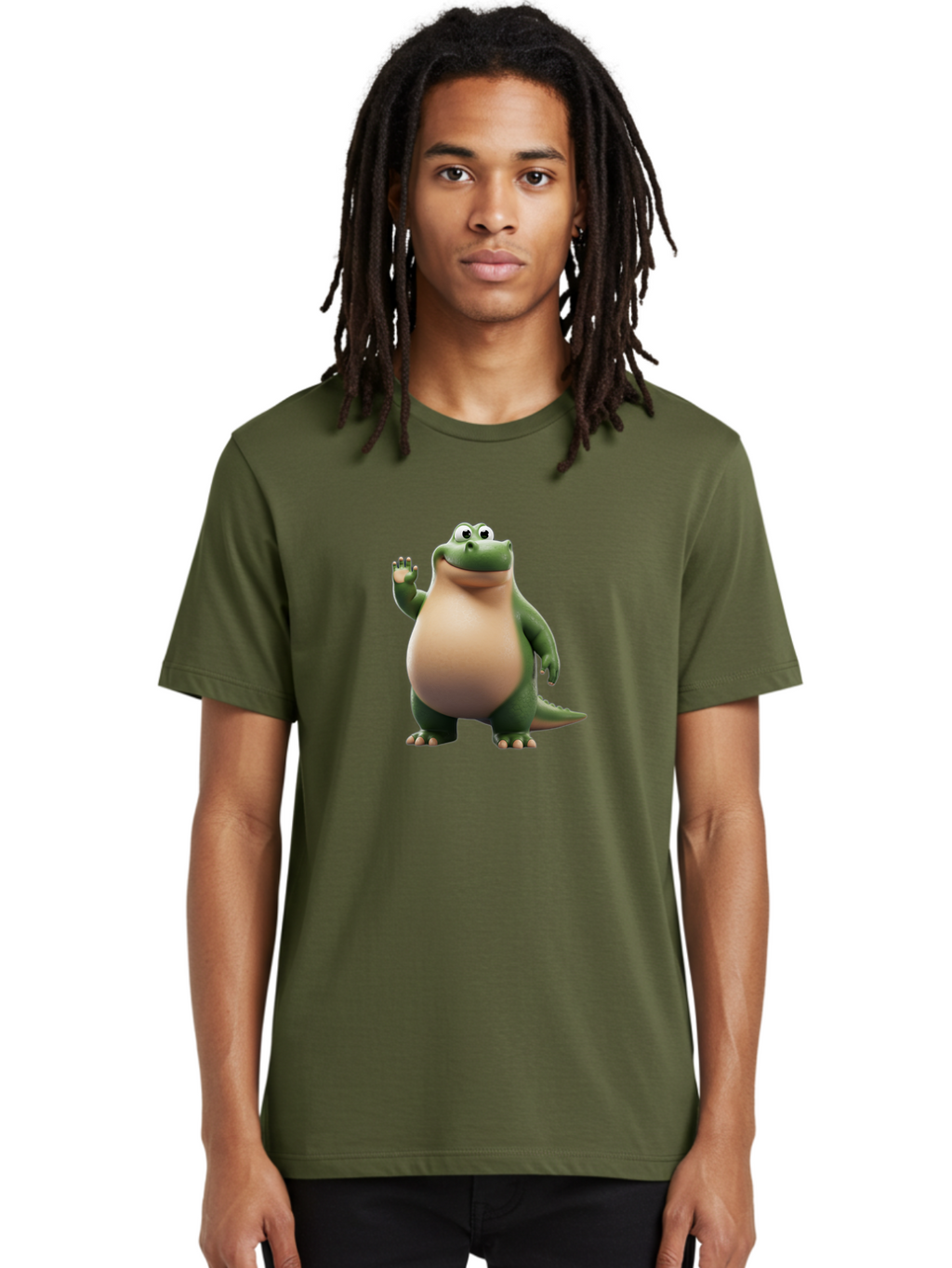 Arlo-2 Men'S Graphic Tee, 100% Cotton, Comfortable Casual Summer Wear, Machine Washable, Cartoon Dinosaur, Green And Tan Colors, Smiling Face, Waving Hand, Friendly Demeanor, Prehistoric Creature, Animated Character, Funny Pose Bae355