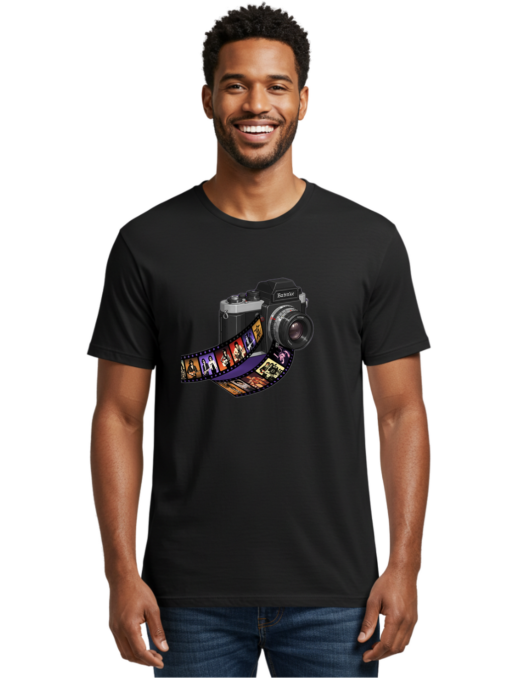 Bannke-Camera Men'S Graphic Tee, 100% Cotton, Comfortable Casual Summer Wear, Machine Washable, Vintage Camera, Film Strip, Photography, Bannke, Retro Style, Black And Silver, Lens, Camera Body, Film Reel, Photographers Bae357