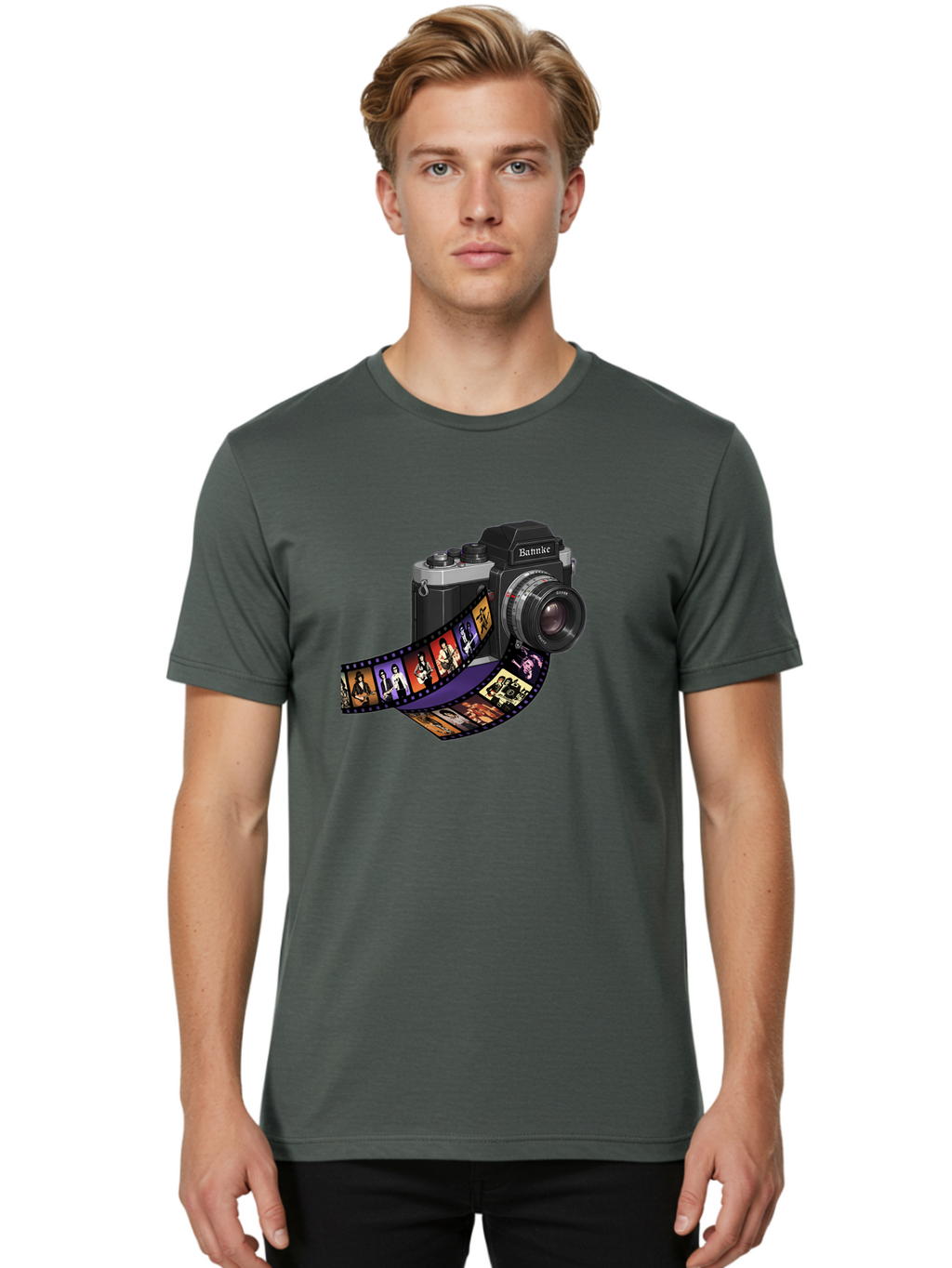 Bannke-Camera Men'S Graphic Tee, 100% Cotton, Comfortable Casual Summer Wear, Machine Washable, Vintage Camera, Film Strip, Photography, Bannke, Retro Style, Black And Silver, Lens, Camera Body, Film Reel, Photographers Bae357
