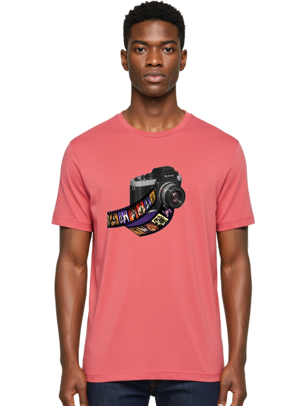 Bannke-Camera Men'S Graphic Tee, 100% Cotton, Comfortable Casual Summer Wear, Machine Washable, Vintage Camera, Film Strip, Photography, Bannke, Retro Style, Black And Silver, Lens, Camera Body, Film Reel, Photographers Bae357