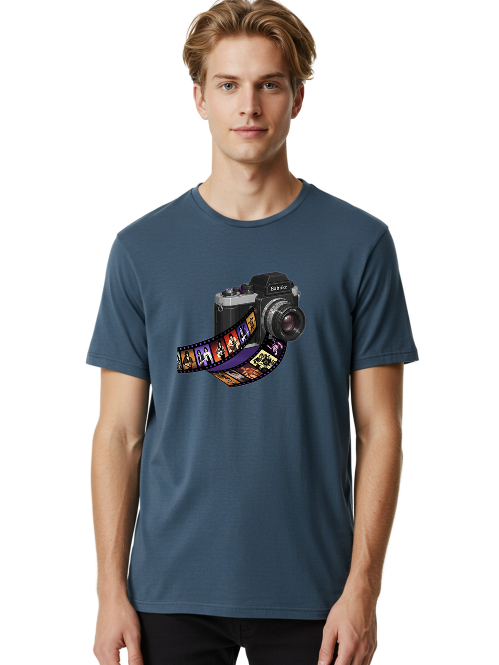 Bannke-Camera Men'S Graphic Tee, 100% Cotton, Comfortable Casual Summer Wear, Machine Washable, Vintage Camera, Film Strip, Photography, Bannke, Retro Style, Black And Silver, Lens, Camera Body, Film Reel, Photographers Bae357