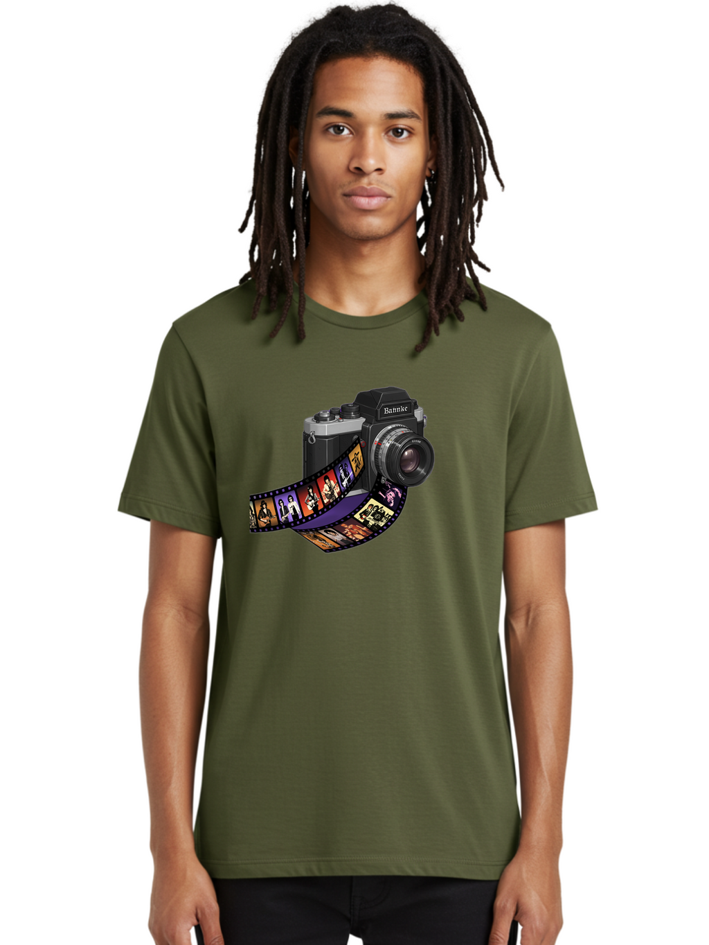 Bannke-Camera Men'S Graphic Tee, 100% Cotton, Comfortable Casual Summer Wear, Machine Washable, Vintage Camera, Film Strip, Photography, Bannke, Retro Style, Black And Silver, Lens, Camera Body, Film Reel, Photographers Bae357