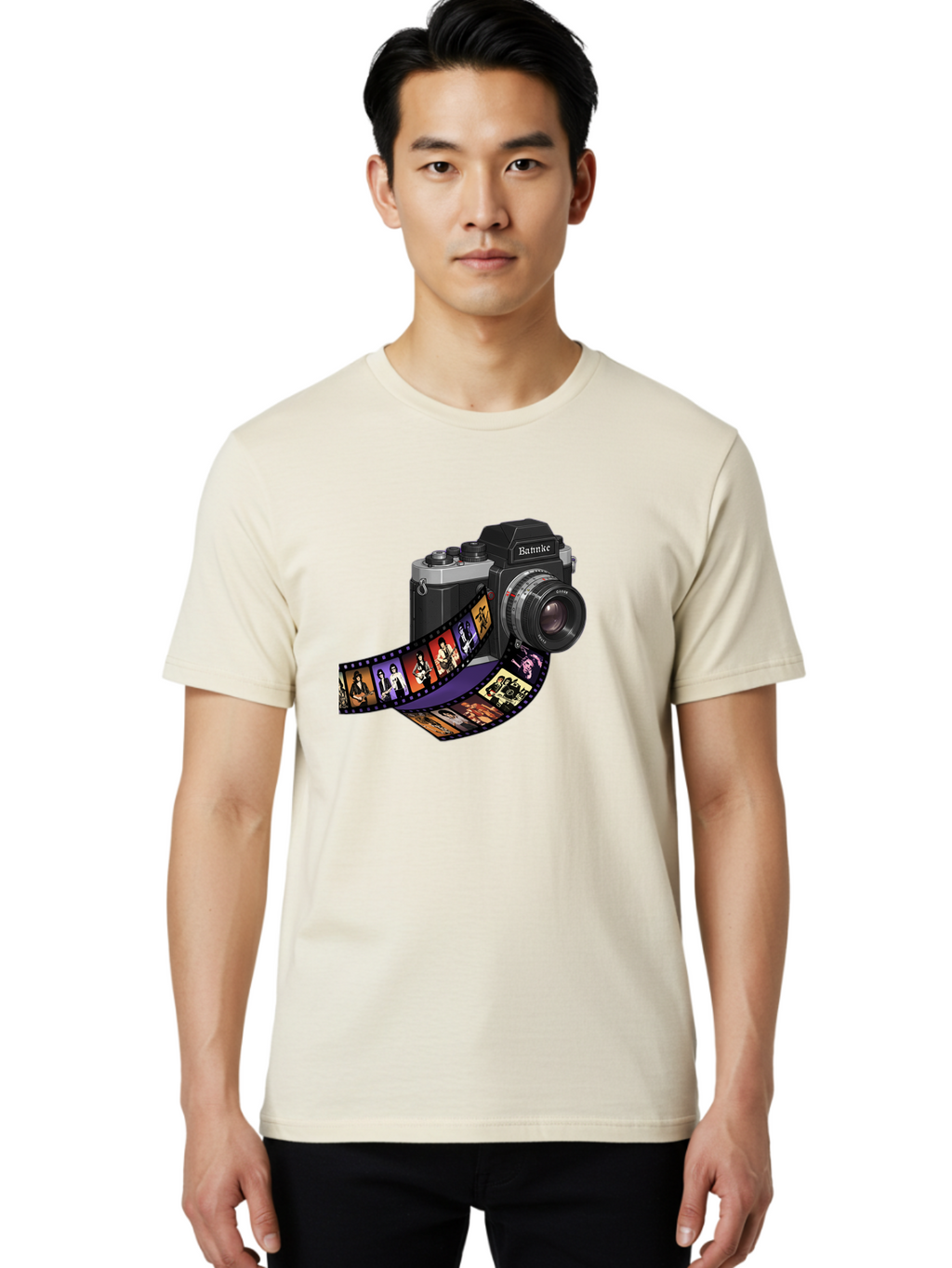 Bannke-Camera Men'S Graphic Tee, 100% Cotton, Comfortable Casual Summer Wear, Machine Washable, Vintage Camera, Film Strip, Photography, Bannke, Retro Style, Black And Silver, Lens, Camera Body, Film Reel, Photographers Bae357