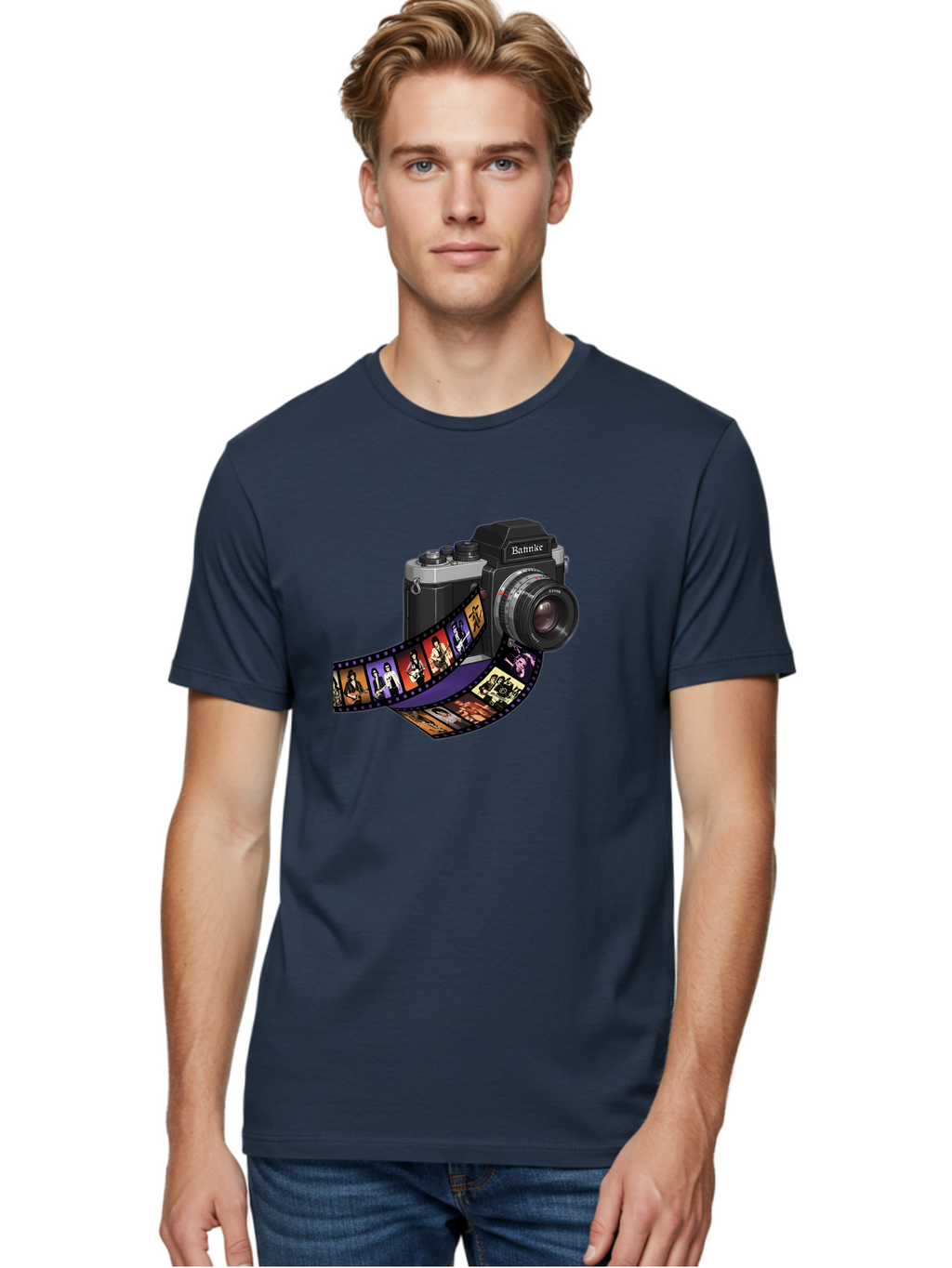 Bannke-Camera Men'S Graphic Tee, 100% Cotton, Comfortable Casual Summer Wear, Machine Washable, Vintage Camera, Film Strip, Photography, Bannke, Retro Style, Black And Silver, Lens, Camera Body, Film Reel, Photographers Bae357